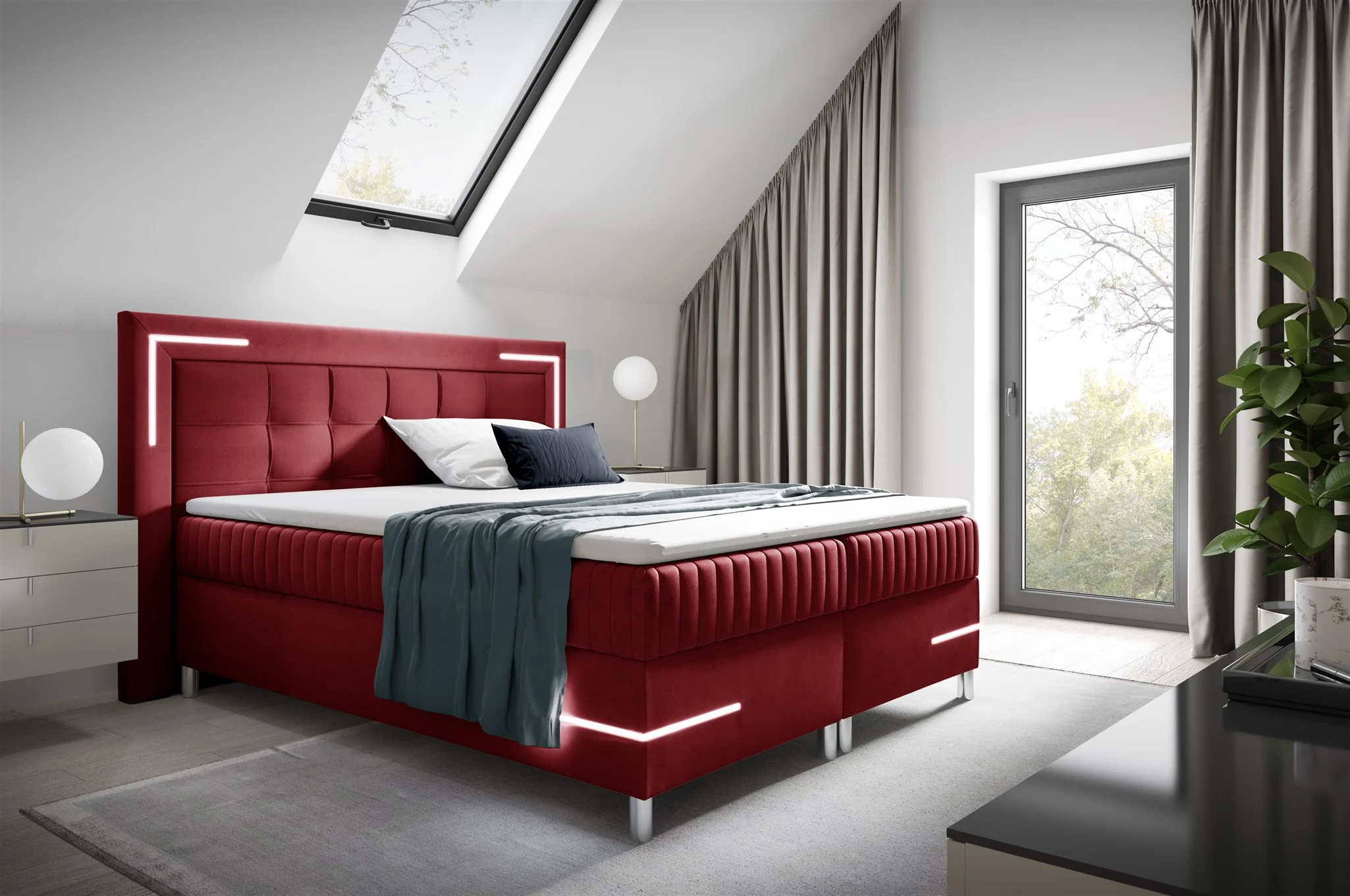 Boxspringbett Schlafzimmerbett 200x200cm AMORE Nr.2 Rot inkl. LED-Beleuchtung