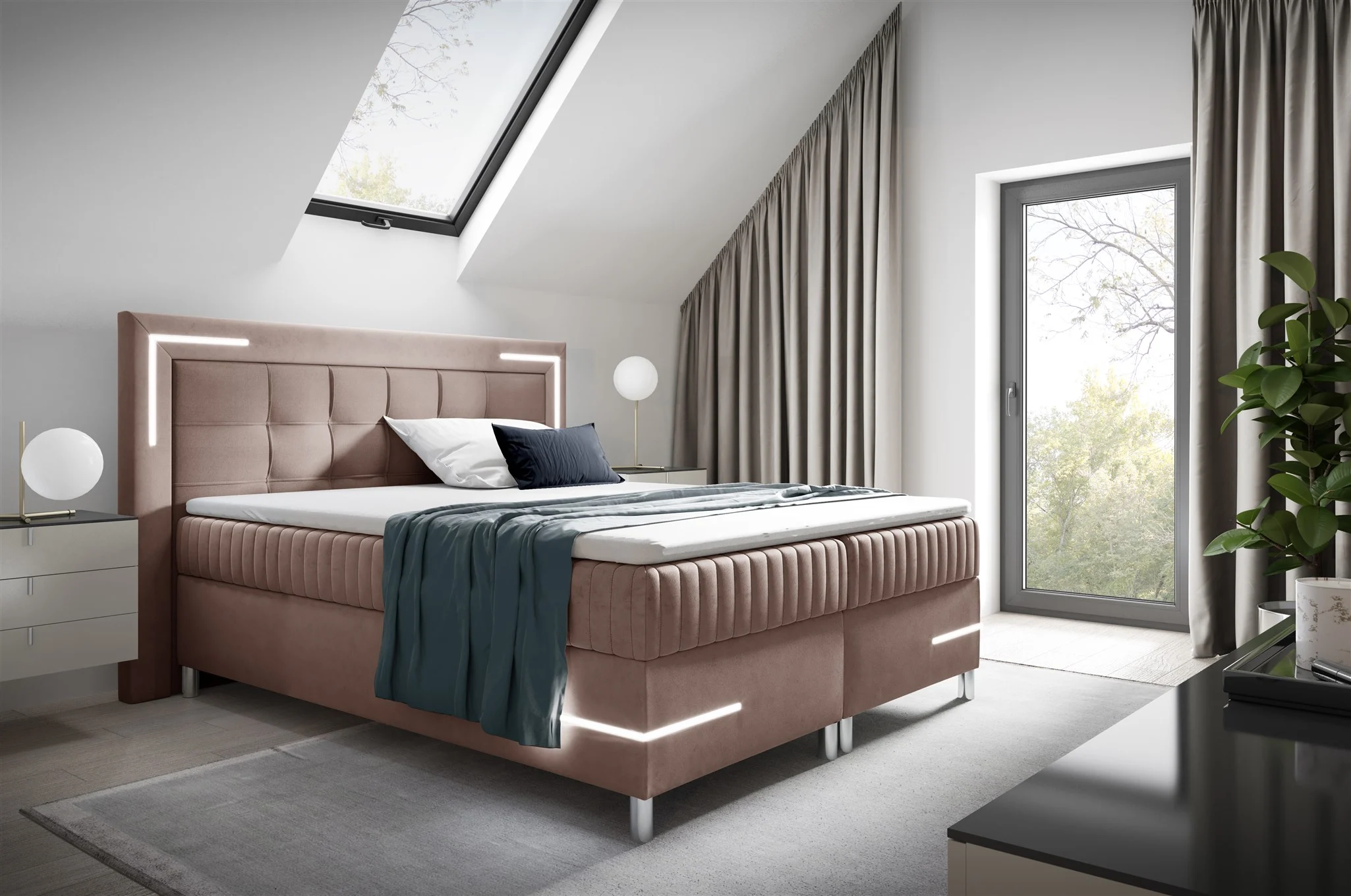 Boxspringbett Schlafzimmerbett 120x200cm AMORE Nr.2 Altrosa inkl. LED-Beleuchtung
