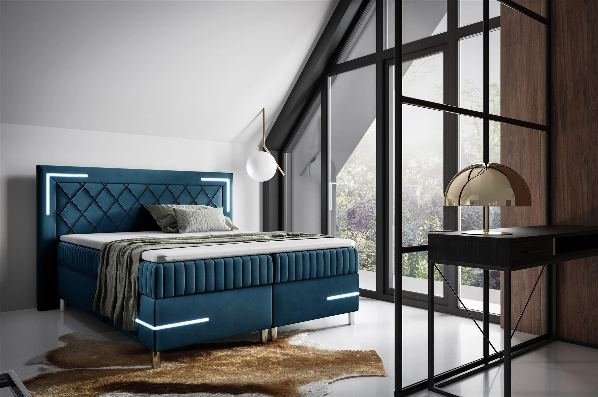 Boxspringbett Schlafzimmerbett 140x200cm AMORE Nr.3 Dunkelblau inkl. LED-Beleuchtung