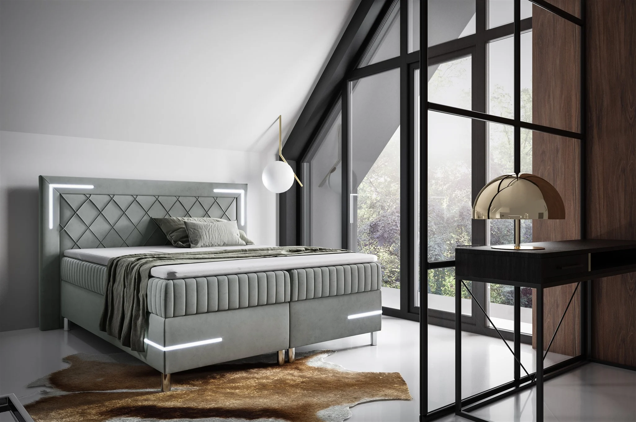 Boxspringbett Schlafzimmerbett 140x200cm AMORE Nr.3 Silbergrau inkl. LED-Beleuchtung