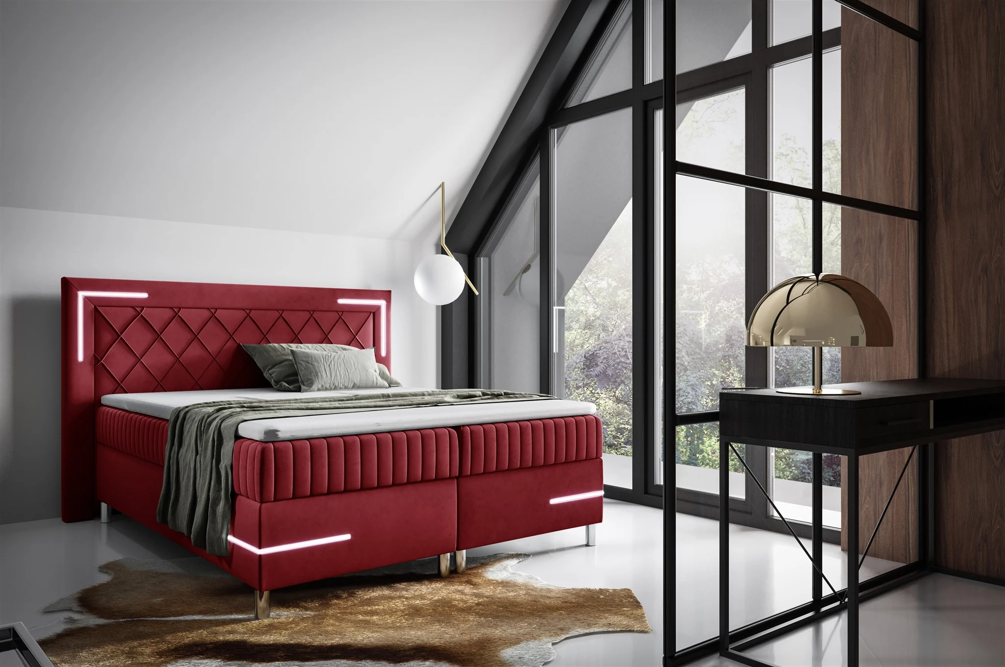 Boxspringbett Schlafzimmerbett 140x200cm AMORE Nr.3 Rot inkl. LED-Beleuchtung