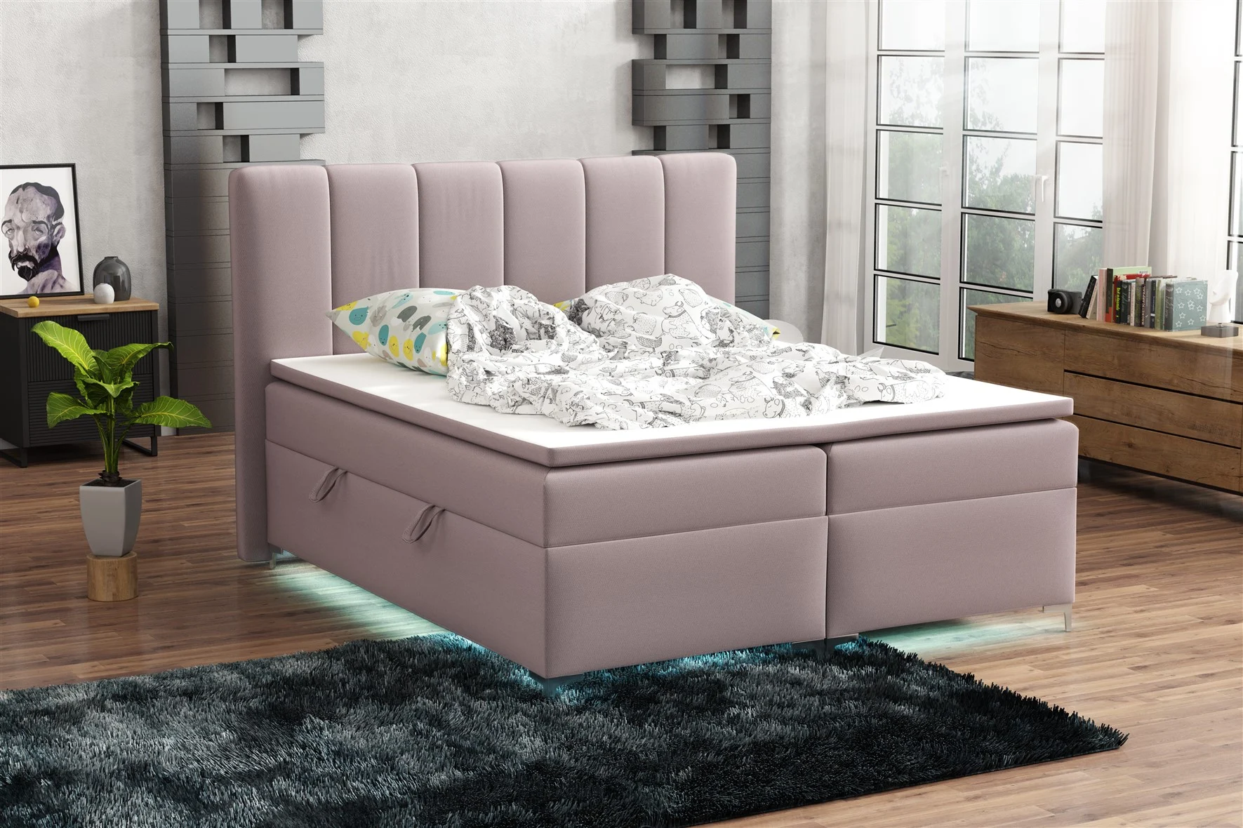 Boxspringbett Schlafzimmerbett ANGEL 140x200cm inkl.Bettkasten/ LED - Fun Moebel