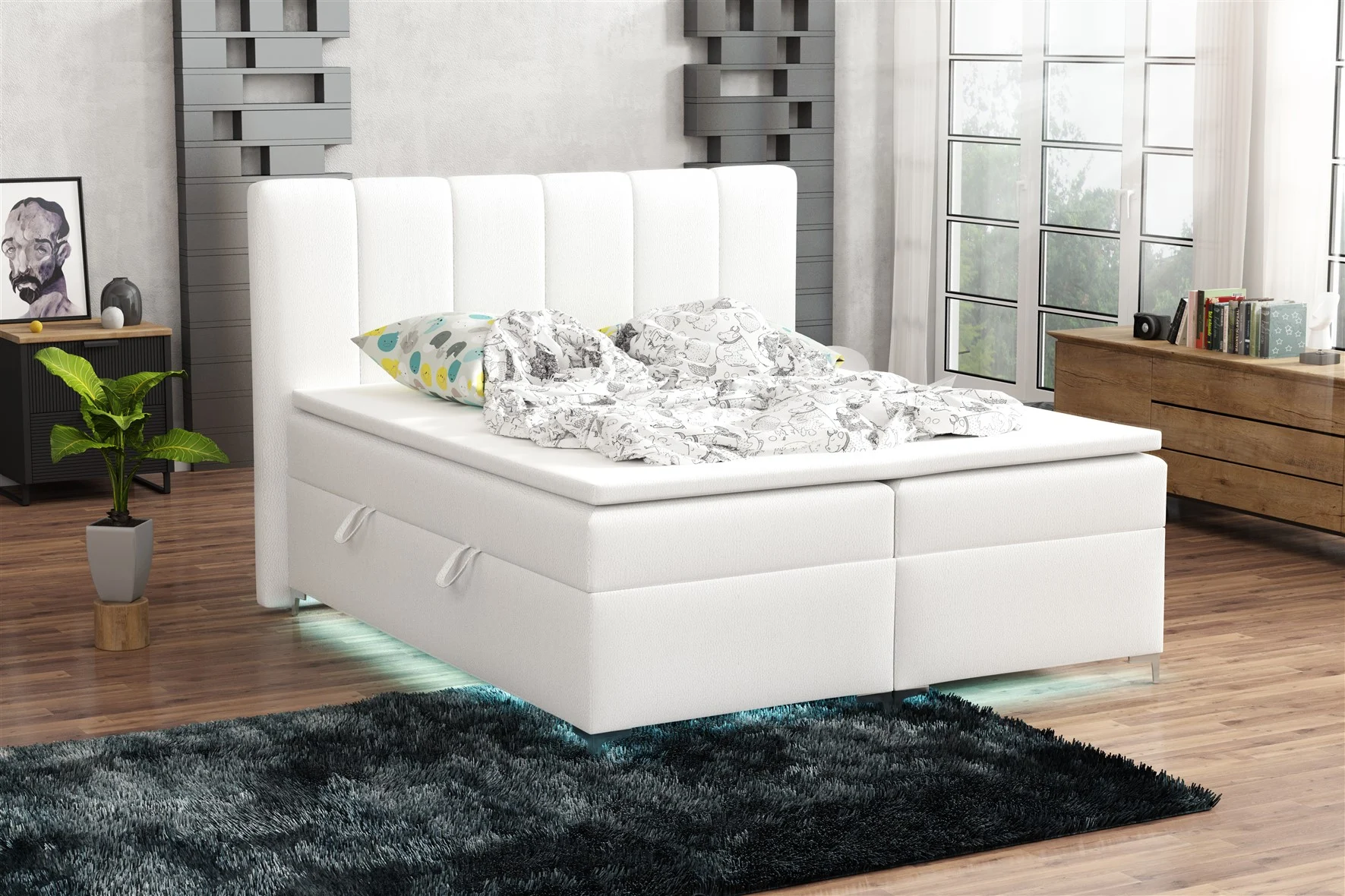 Boxspringbett Schlafzimmerbett ANGEL 160x200cm inkl.Bettkasten/ LED - Fun Moebel