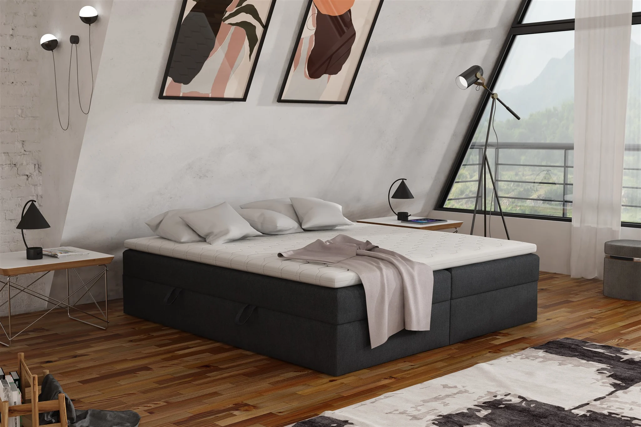 Boxspringbett Schlafzimmerbett ANTONY 140x200cm Stoff Schwarz inkl. Bettkasten - Fun Möbel