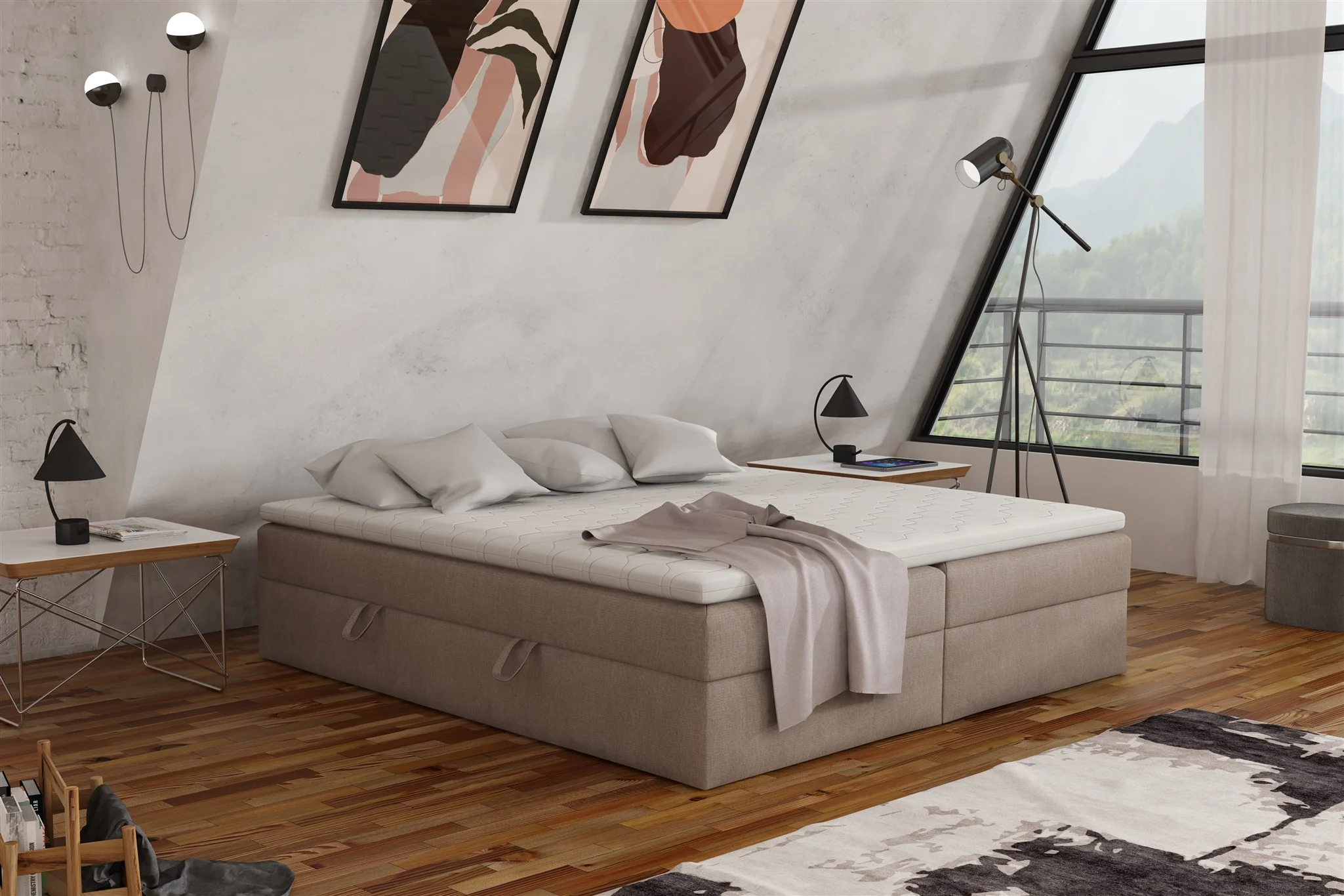 Boxspringbett Schlafzimmerbett ANTONY 180x200cm Stoff Cappuccino inkl. Bettkasten - Fun Möbel