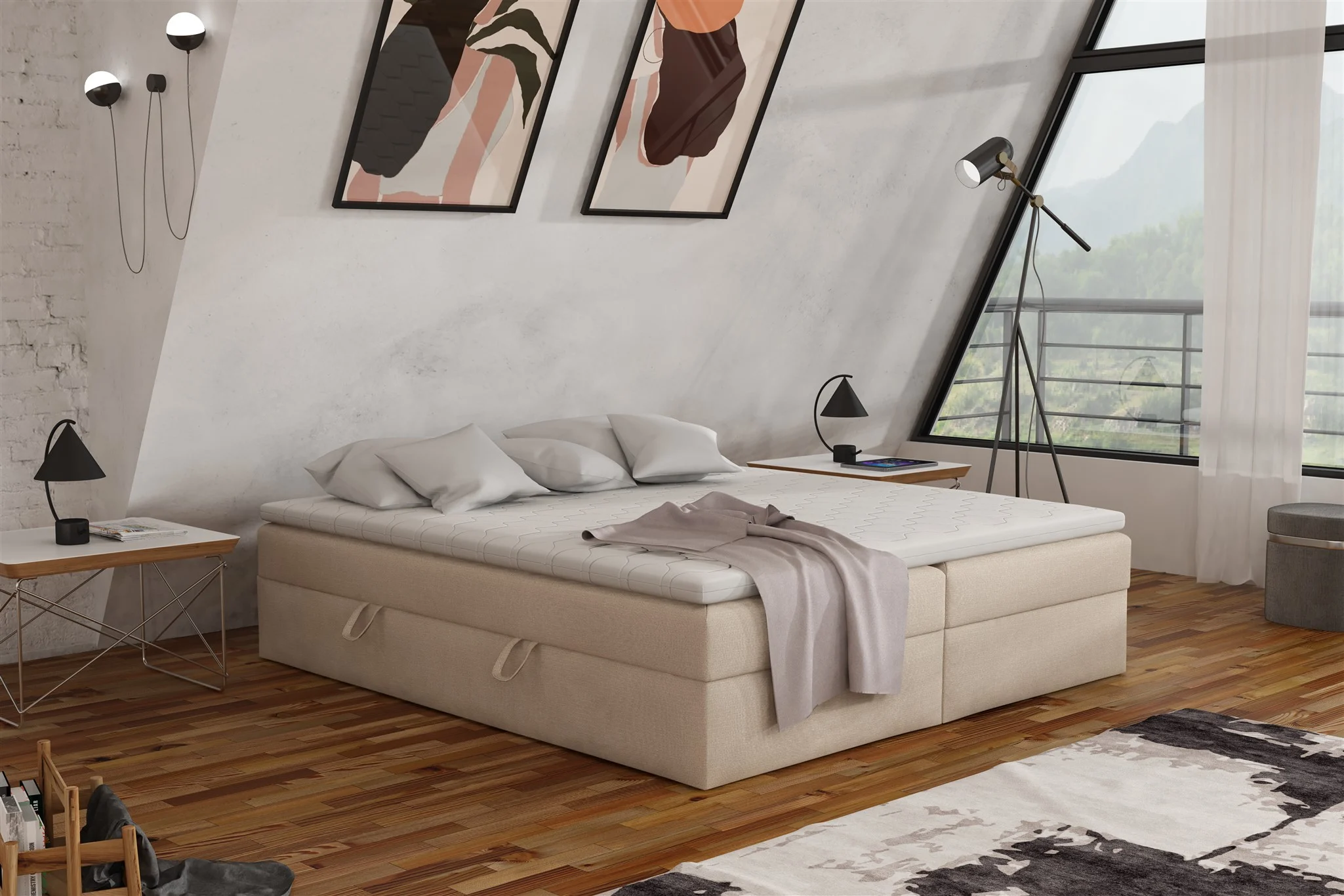 Boxspringbett Schlafzimmerbett ANTONY 140x200cm Stoff Beige inkl. Bettkasten - Fun Möbel