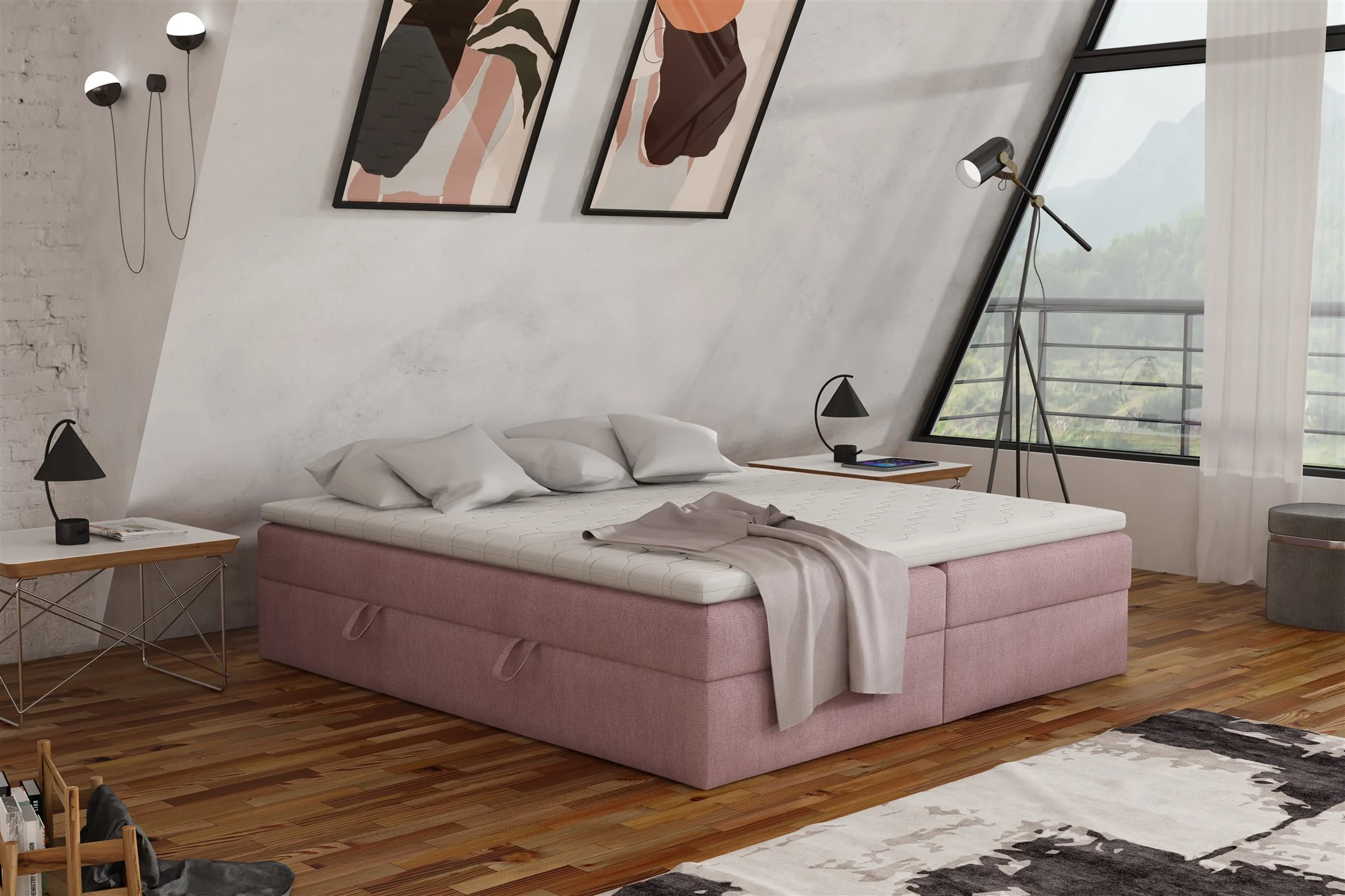 Boxspringbett Schlafzimmerbett ANTONY 180x200cm Stoff Rosa inkl. Bettkasten - Fun Möbel