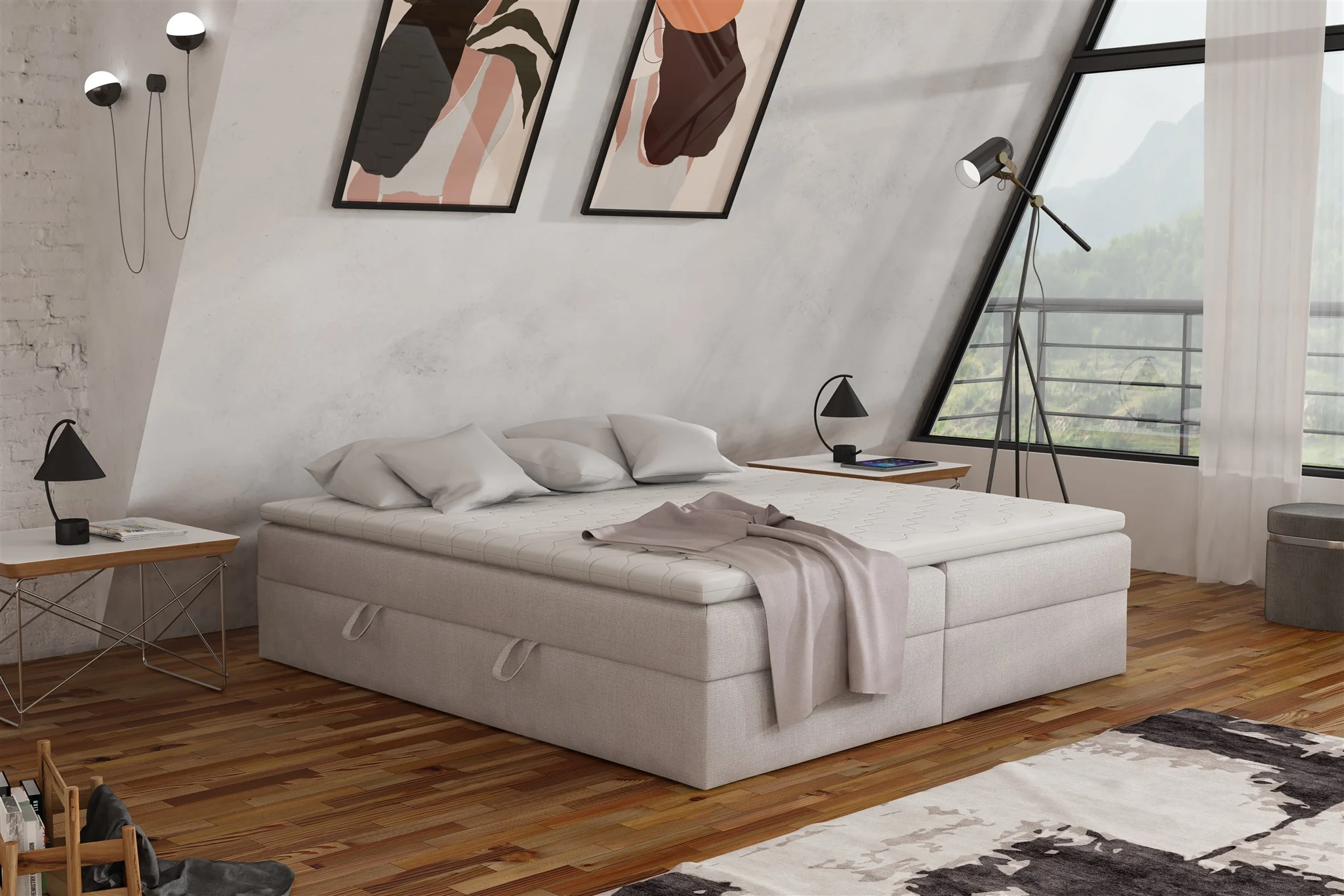 Boxspringbett Schlafzimmerbett ANTONY 140x200cm Stoff Hellgrau inkl. Bettkasten - Fun Möbel
