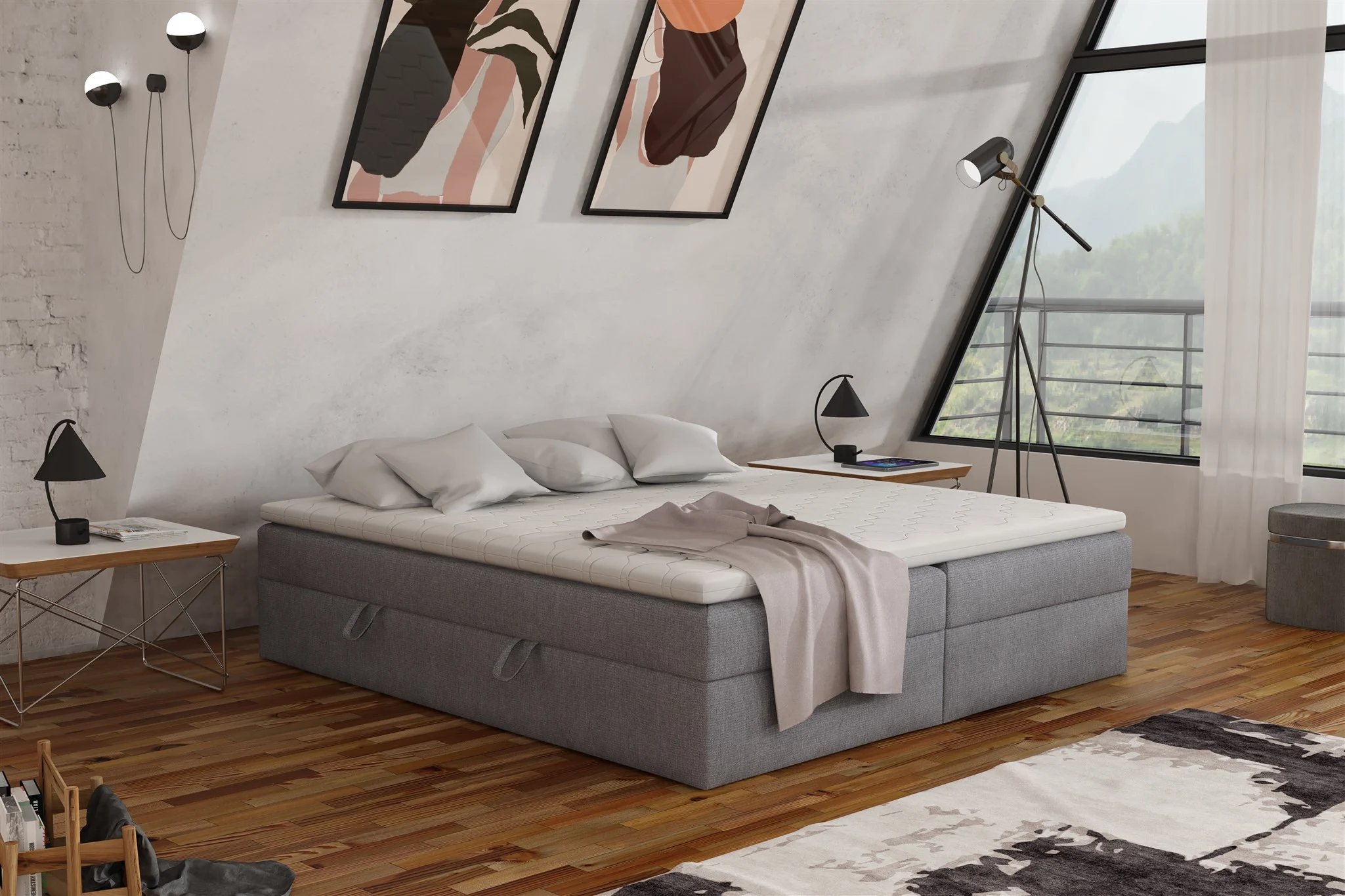 Boxspringbett Schlafzimmerbett ANTONY 140x200cm Stoff Grau inkl. Bettkasten - Fun Möbel