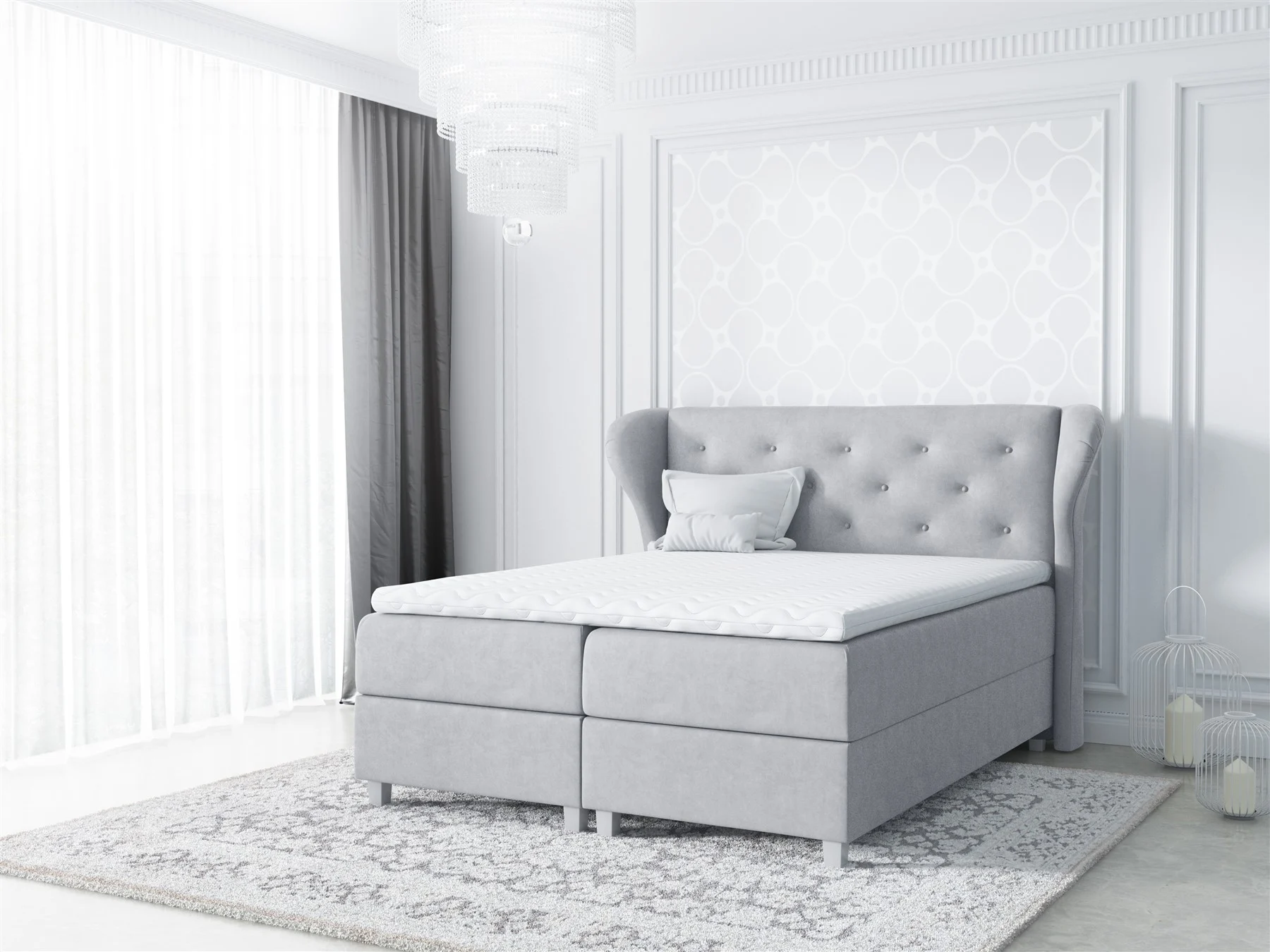 Boxspringbett Schlafzimmerbett ARIANNA 200x200cm Stoff Hellgrau - Fun Moebel