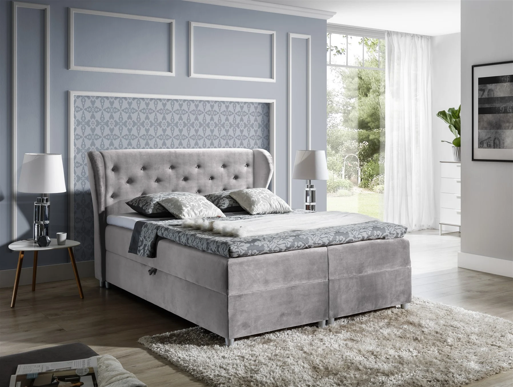 Boxspringbett Schlafzimmerbett ARIANNA 120x200cm Stoff Silbergrau - Fun Moebel