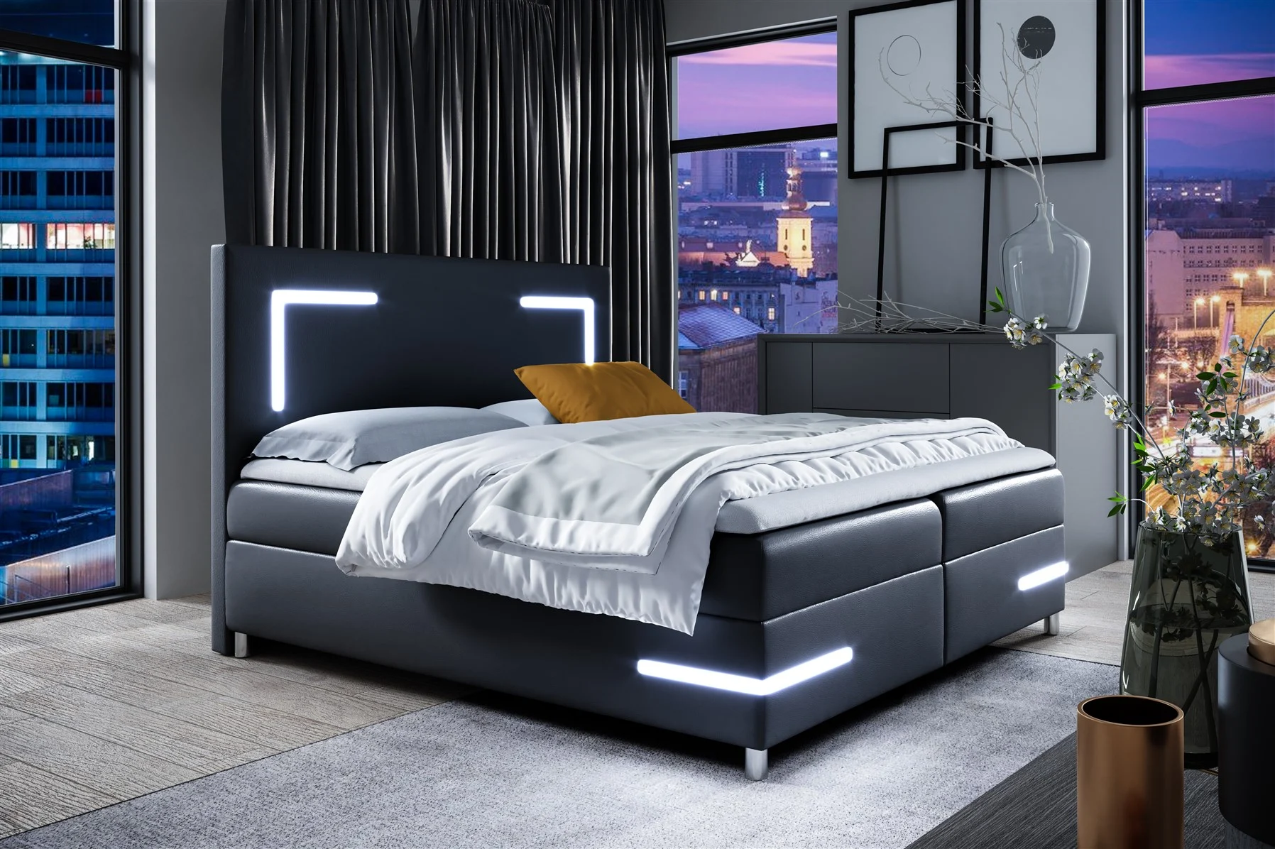 Boxspringbett Schlafzimmerbett ARIANO 120x200cm Schwarz inkl. Bettkasten und LED - Fun Moebel