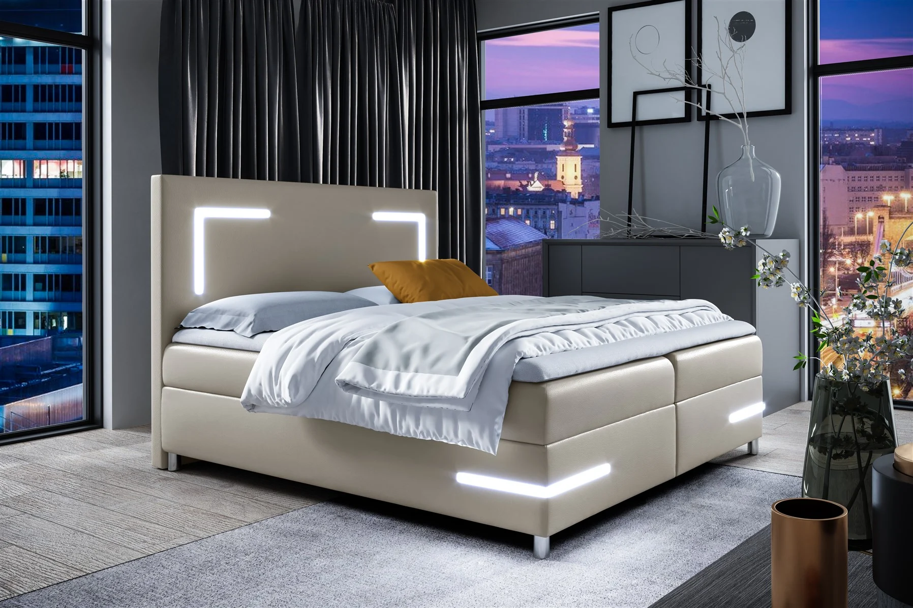 Boxspringbett Schlafzimmerbett ARIANO 120x200cm Cappuccino inkl. Bettkasten LED - Fun Moebel