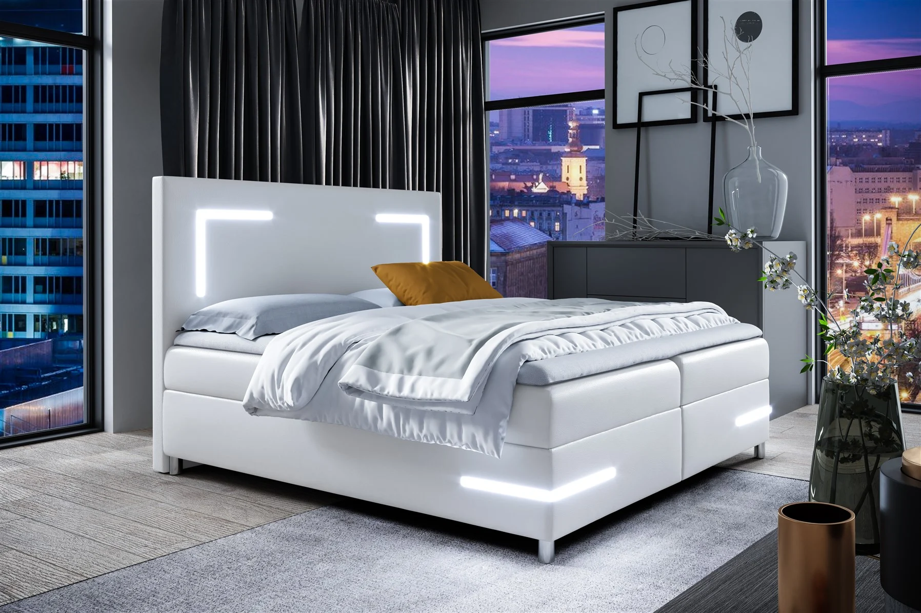 Boxspringbett Schlafzimmerbett ARIANO 120x200cm Weiss inkl. Bettkasten und LED - Fun Moebel