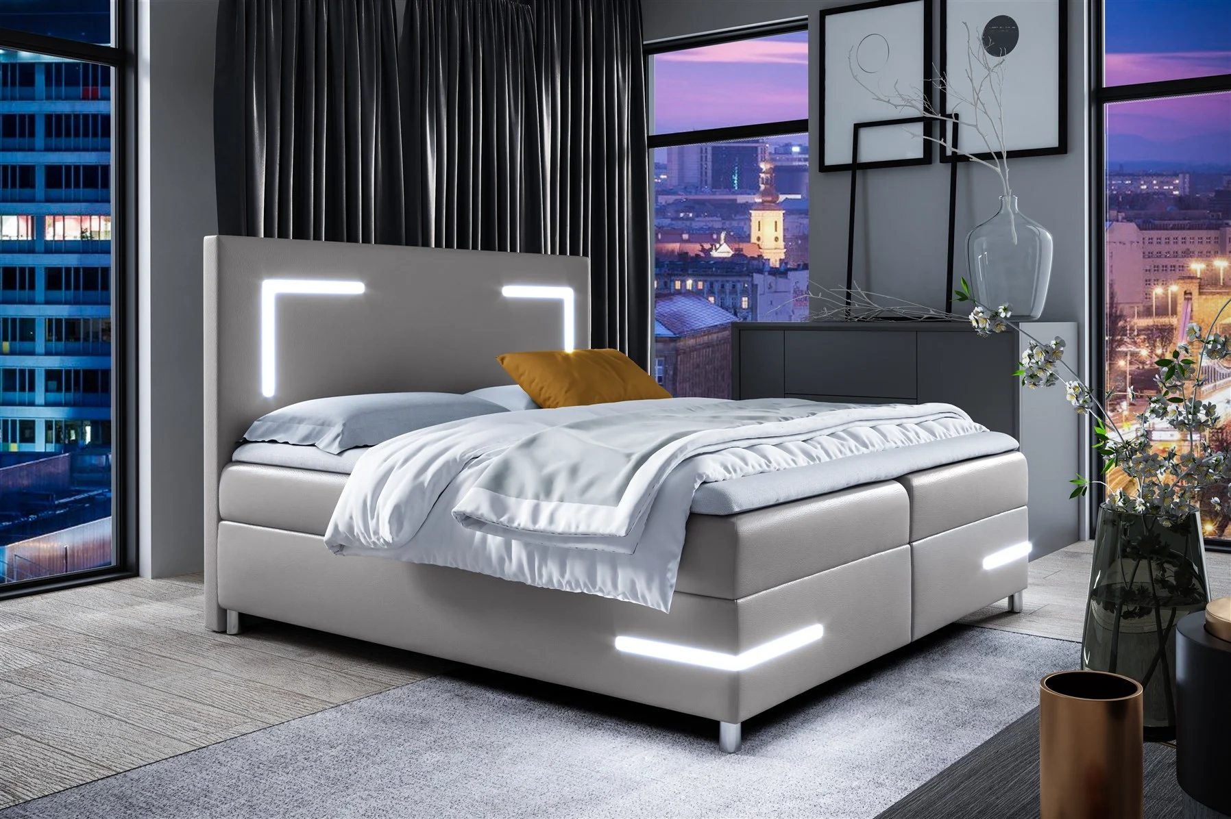 Boxspringbett Schlafzimmerbett ARIANO 140x200cm Grau inkl. Bettkasten und LED - Fun Moebel