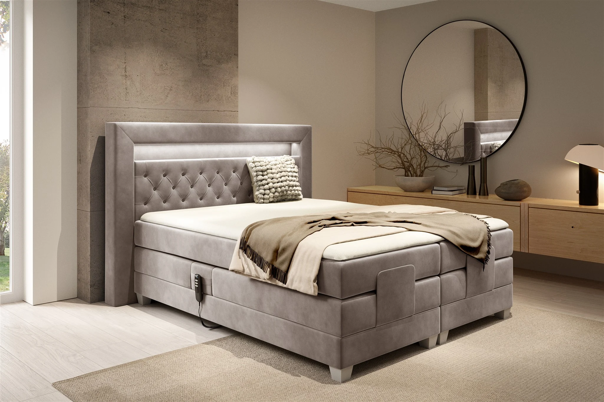 Boxspringbett Elektrisch Bett ARMANDO 120x200cm in Stoff Fresh Macchiato - Fun Möbel