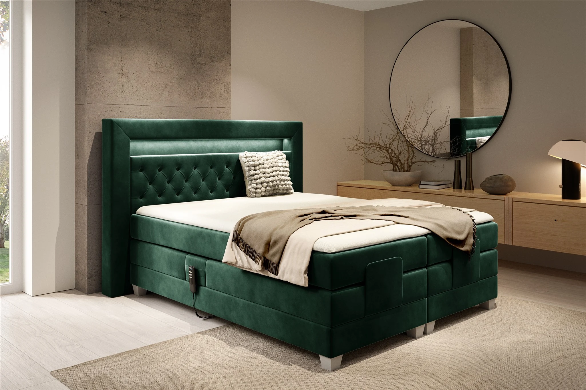 Boxspringbett Elektrisch Bett ARMANDO 120x200cm in Stoff Fresh Flaschengrün - Fun Möbel