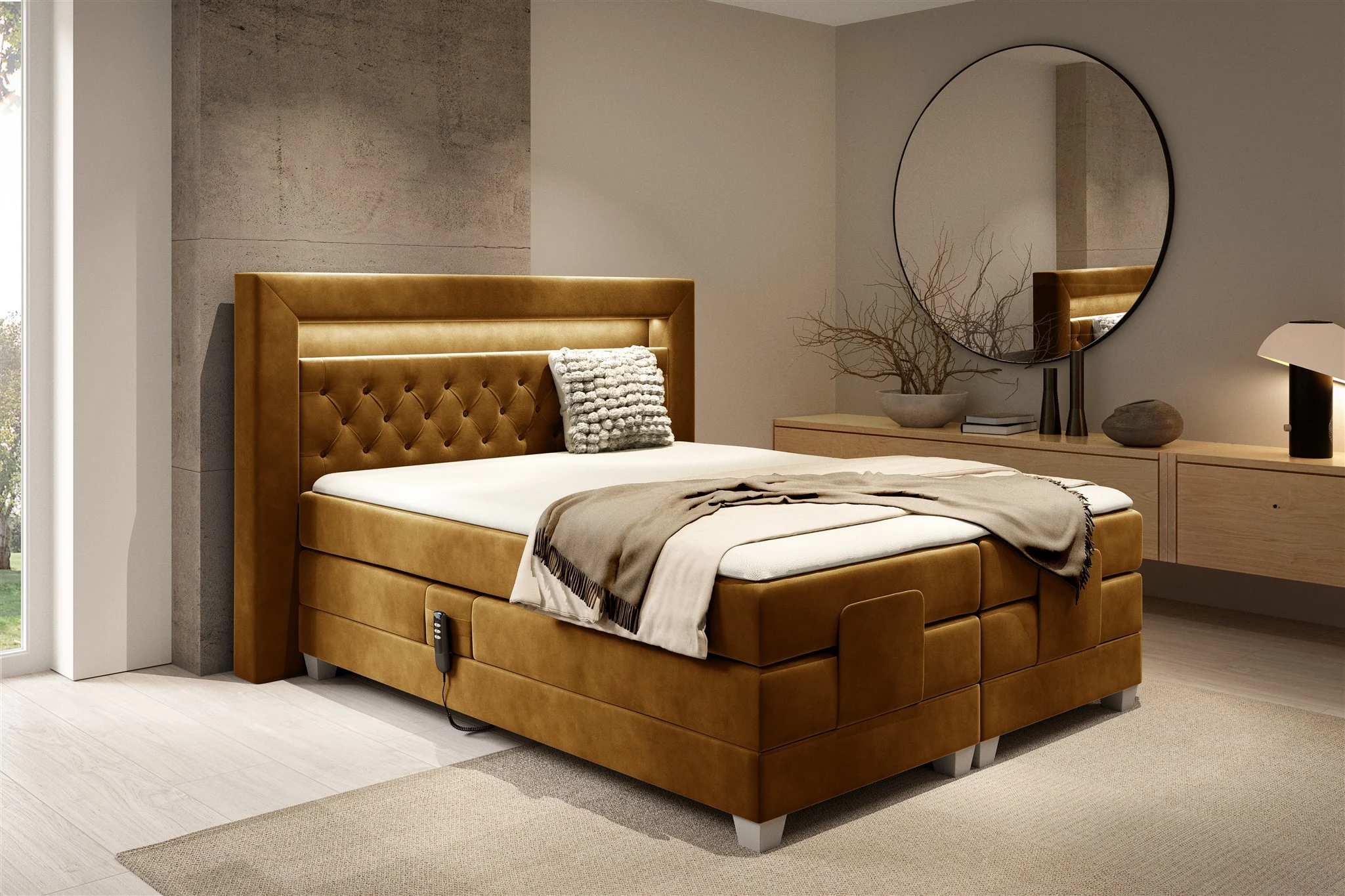 Boxspringbett Elektrisch Bett ARMANDO 140x200cm in Stoff Fresh Senfgelb - Fun Möbel