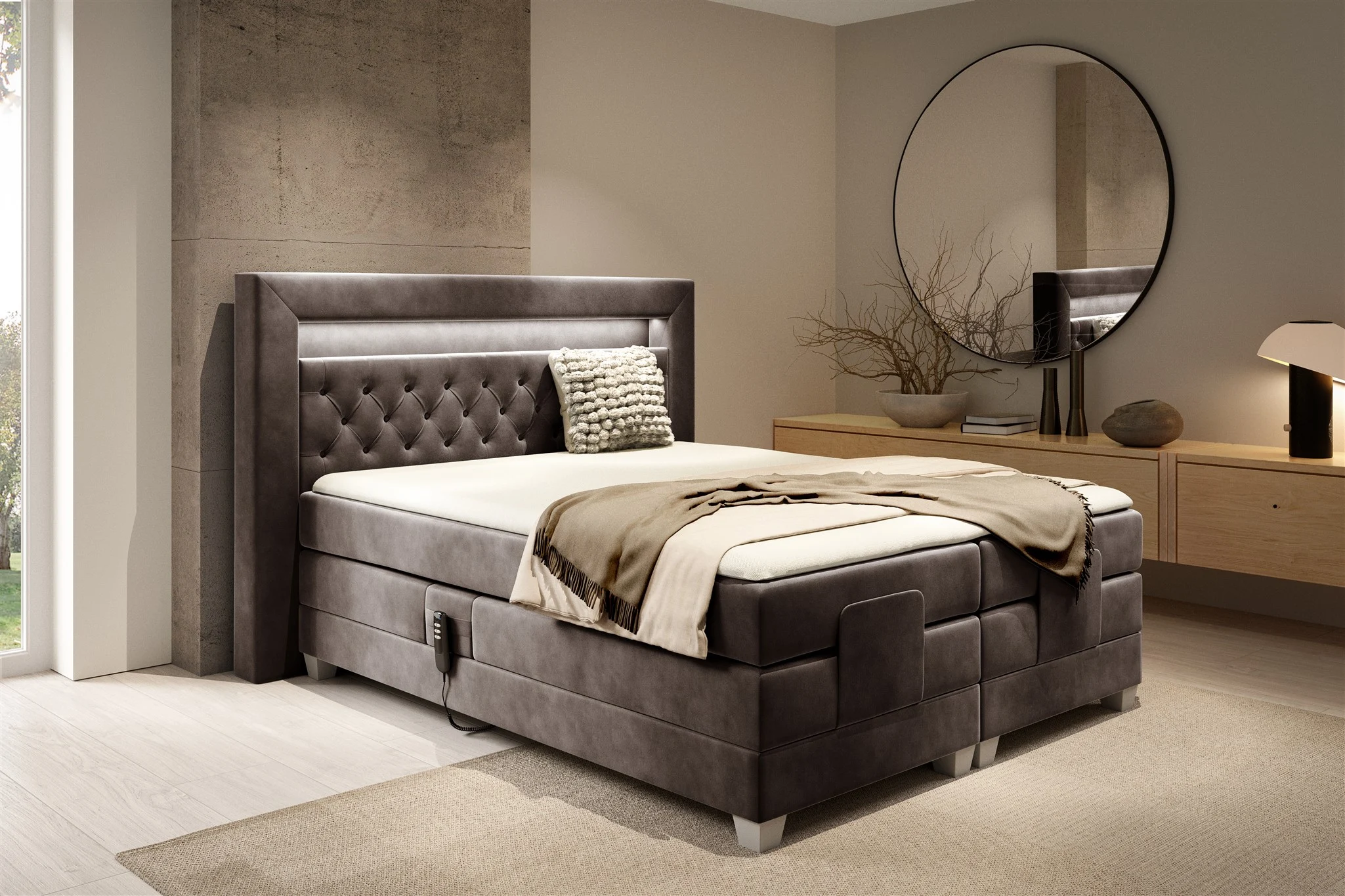 Boxspringbett Elektrisch Bett ARMANDO 120x200cm in Stoff Fresh Schokobraun - Fun Möbel