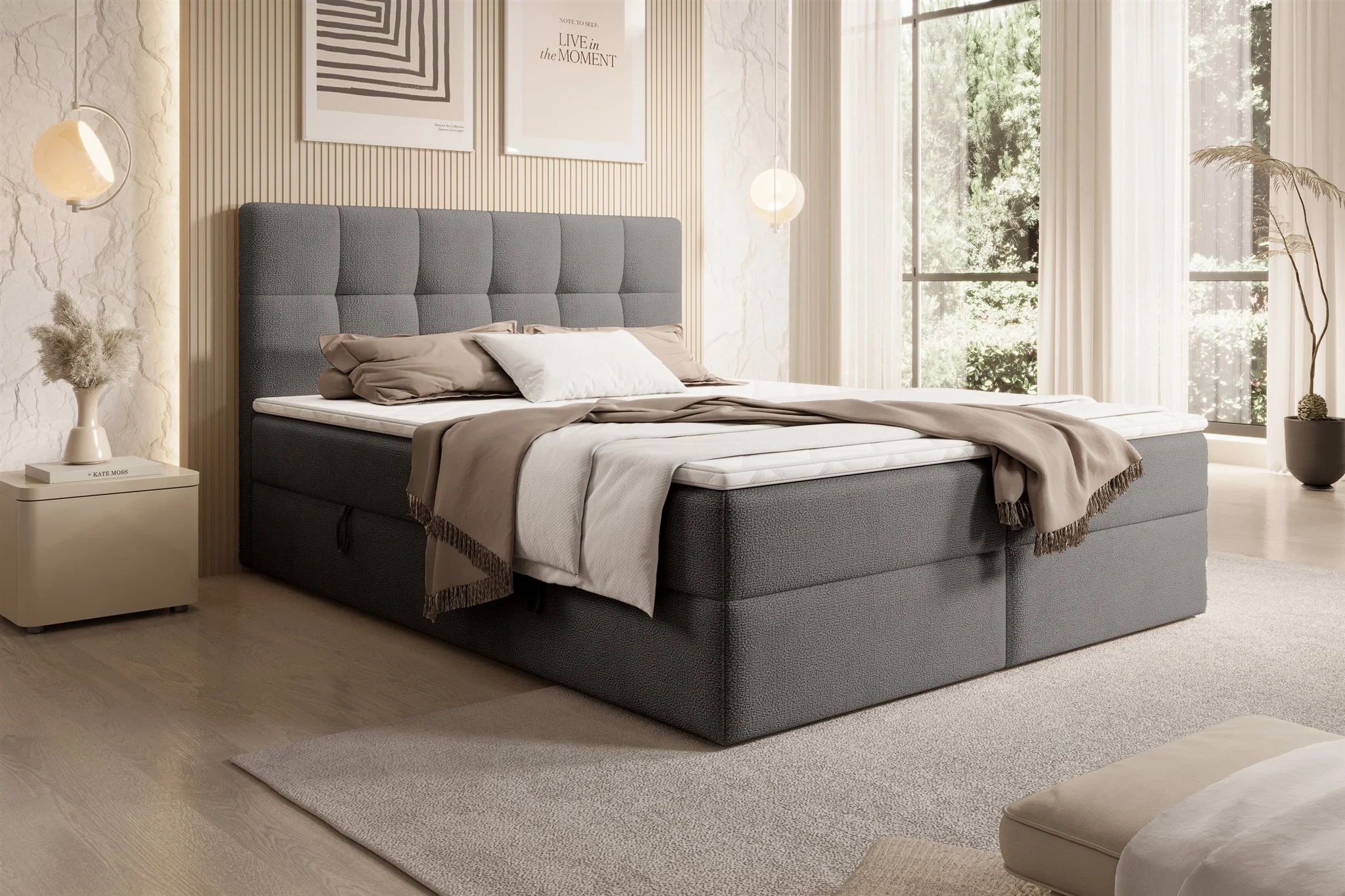 Boxspringbett Schlafzimmerbett ARTURO 200x200cm Stoff Freya Grafit - Fun Möbel