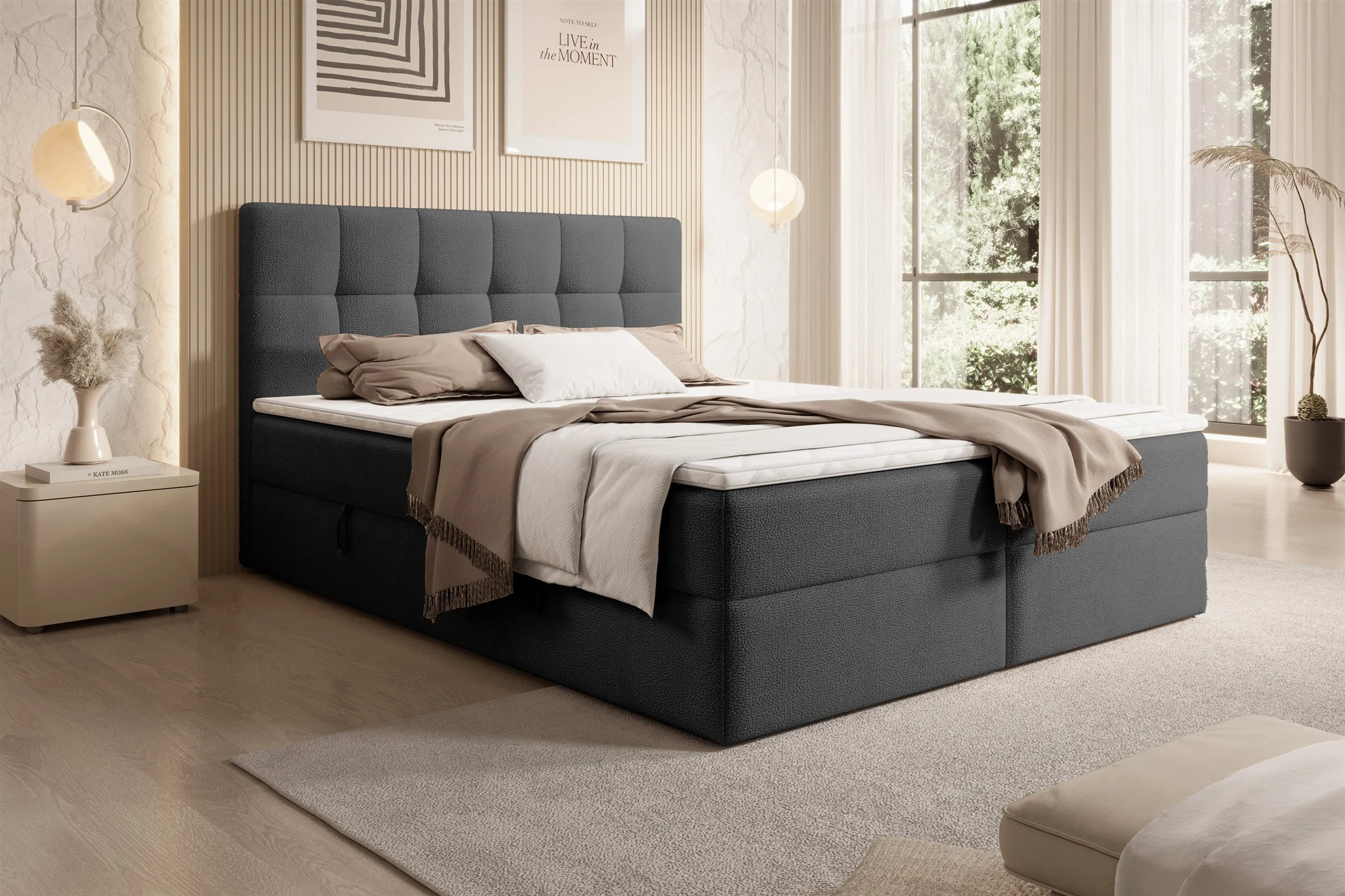Boxspringbett Schlafzimmerbett ARTURO 140x200cm Stoff Freya Schwarz - Fun Möbel