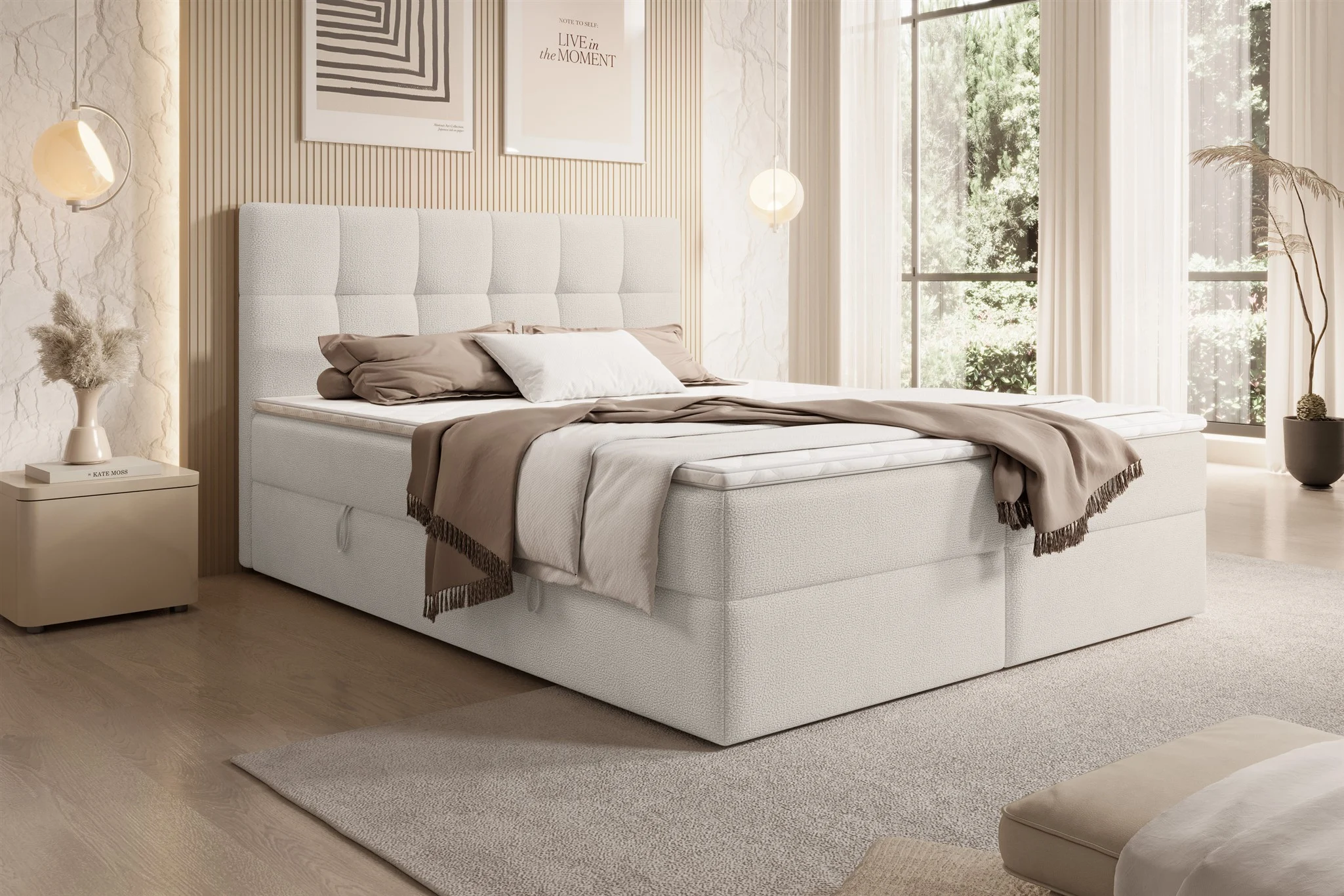 Boxspringbett Schlafzimmerbett ARTURO 140x200cm Stoff Freya Altweiß - Fun Möbel