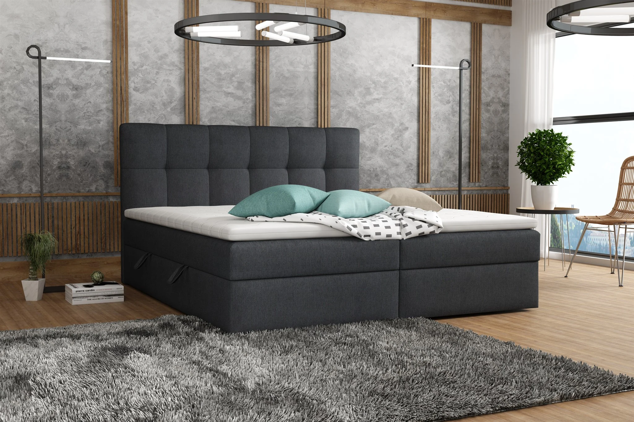 Boxspringbett Schlafzimmerbett ARTURO 200x200cm Stoff Soro Schwarz - Fun Möbel