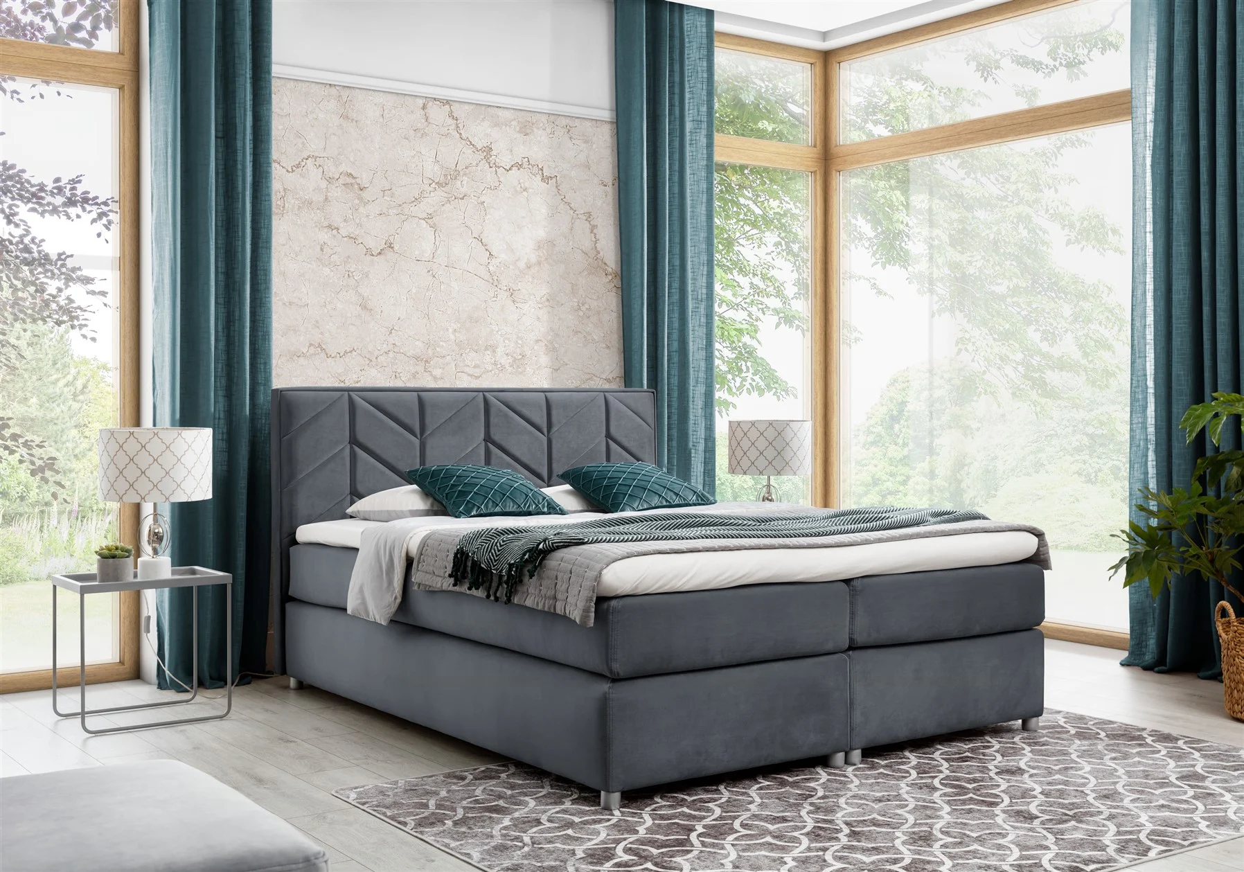 Boxspringbett Schlafzimmerbett Bett BARTOLO DELUX Stoff Anthrazit 140x200cm - Fun-Möbel