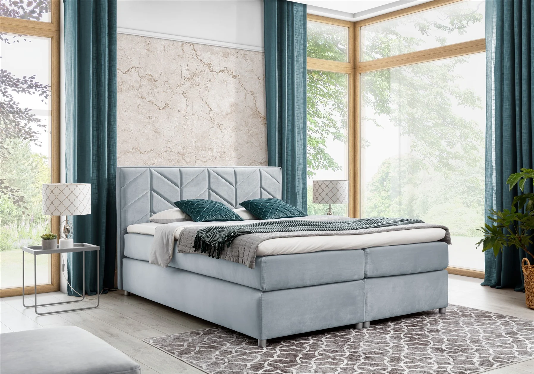 Boxspringbett Schlafzimmerbett Bett BARTOLO DELUX Stoff Hellgrau 180x200cm - Fun-Möbel