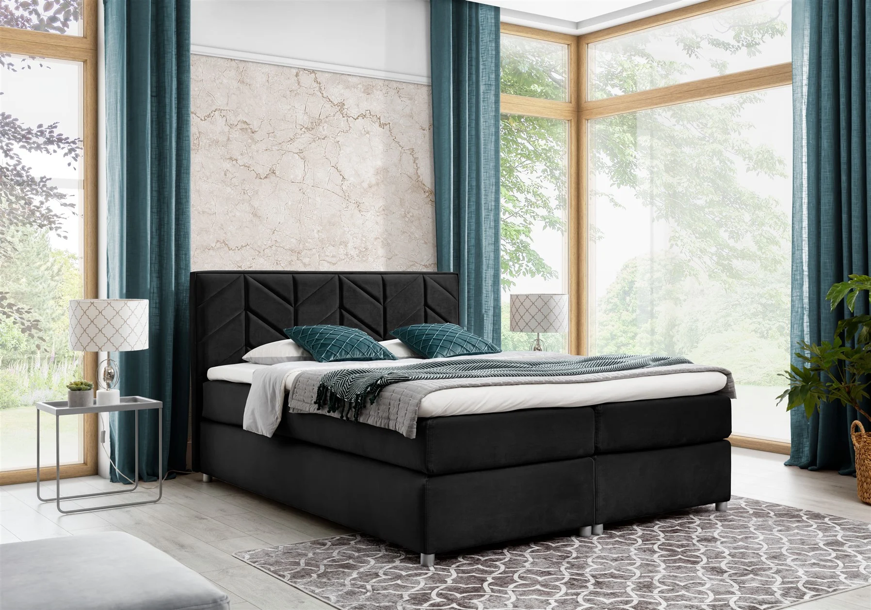 Boxspringbett Schlafzimmerbett Bett BARTOLO DELUX Stoff Schwarz 120x200cm - Fun-Möbel