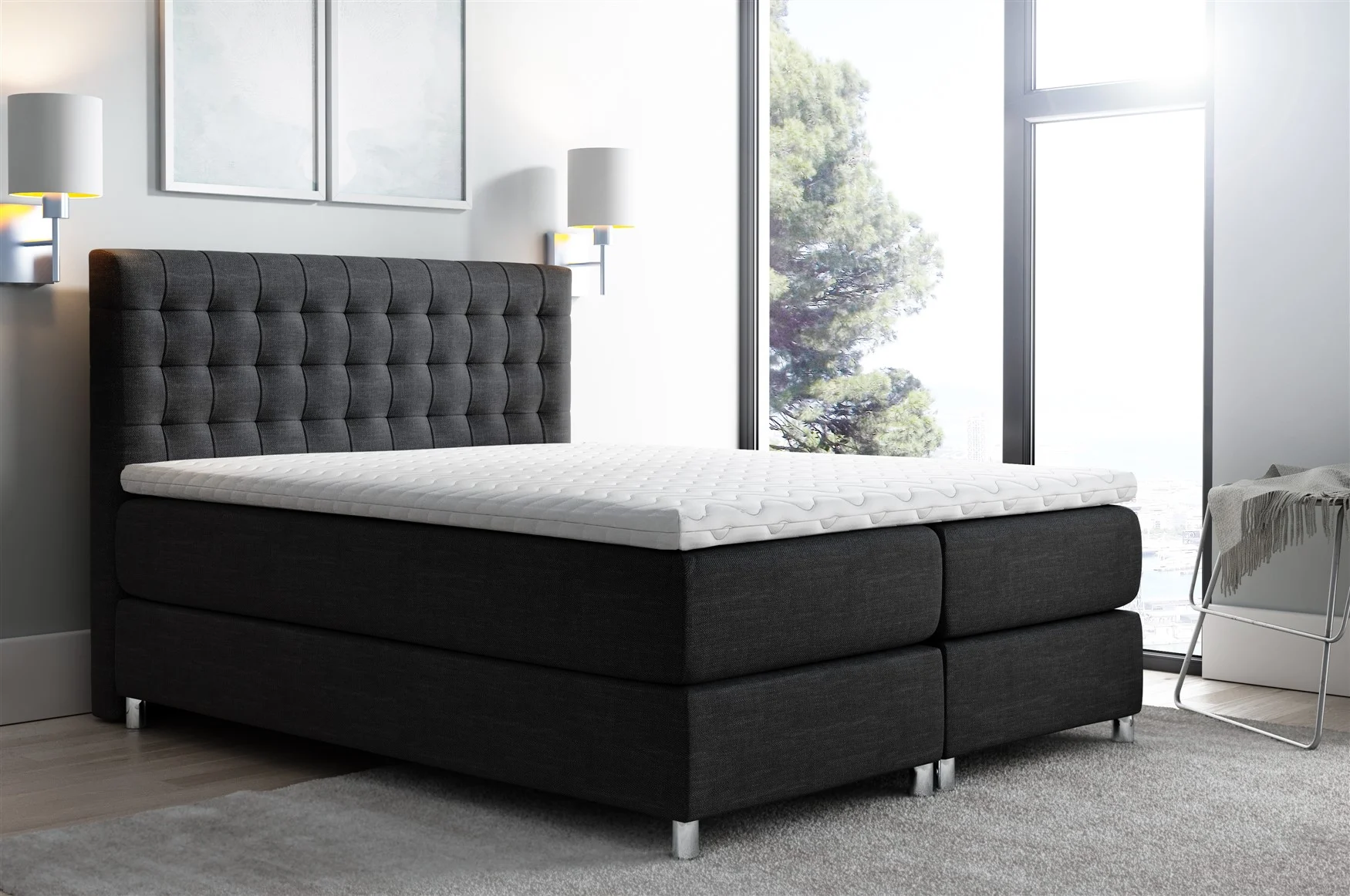 Boxspringbett Schlafzimmerbett Bett BAROS Stoff Schwarz 140x200cm - Fun-Möbel