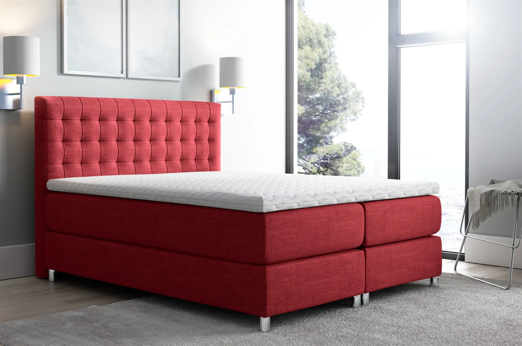 Boxspringbett Schlafzimmerbett Bett BAROS Stoff Rot 180x200cm - Fun-Möbel
