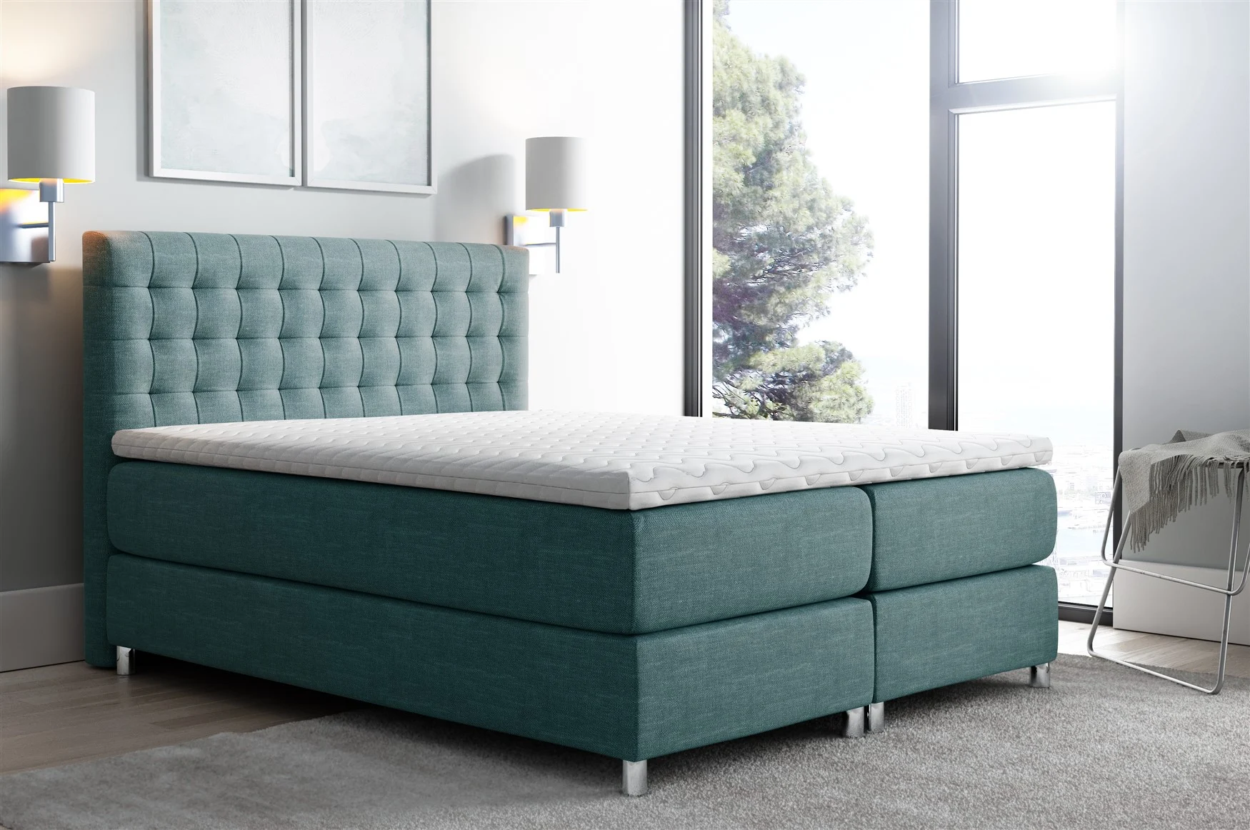 Boxspringbett Schlafzimmerbett Bett BAROS Stoff Aqua Marine 200x200cm - Fun-Möbel