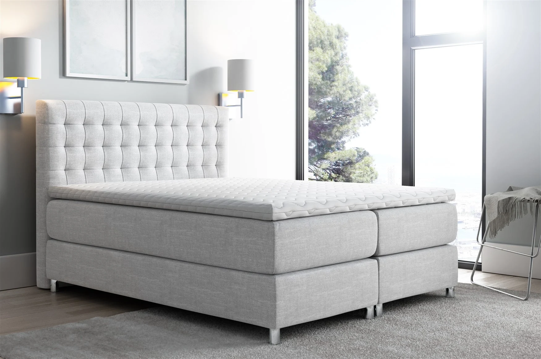 Boxspringbett Schlafzimmerbett Bett BAROS Stoff Hellgrau 120x200cm - Fun-Möbel