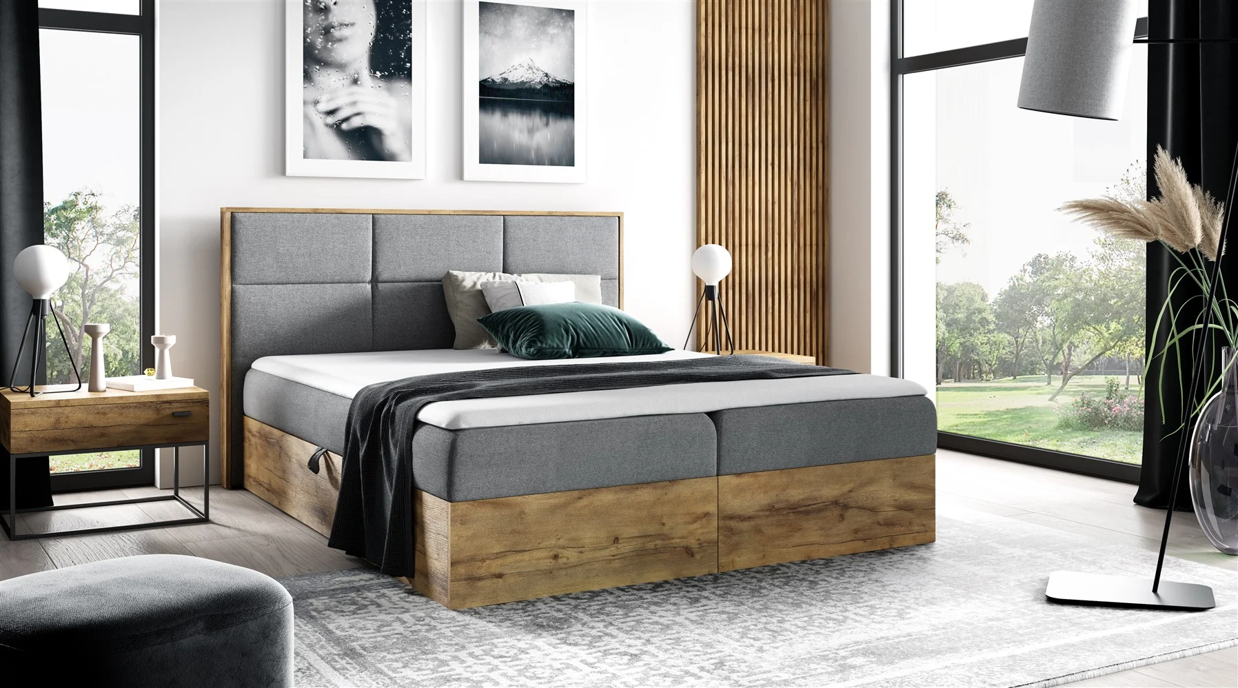 Boxspringbett Schlafzimmerbett BARTEL 140x200cm Stoff Grau inkl. Bettkasten - Fun Moebel