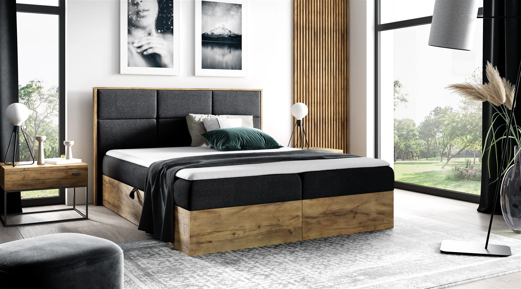 Boxspringbett Schlafzimmerbett BARTEL 120x200cm Stoff Schwarz inkl. Bettkasten - Fun Moebel