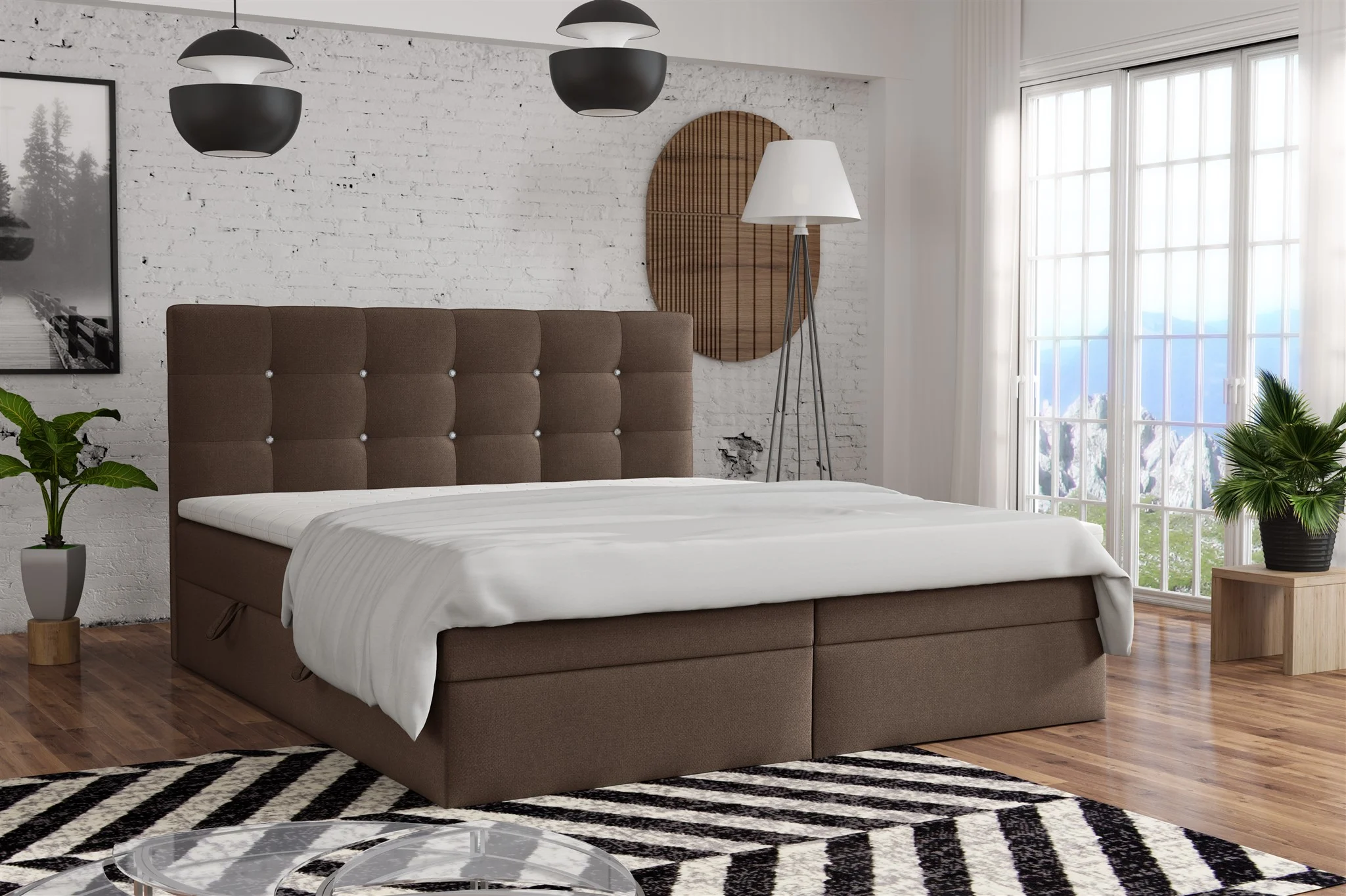 Boxspringbett Schlafzimmerbett BASILIO 140x200cm Stoff Fresh Braun - Fun Moebel