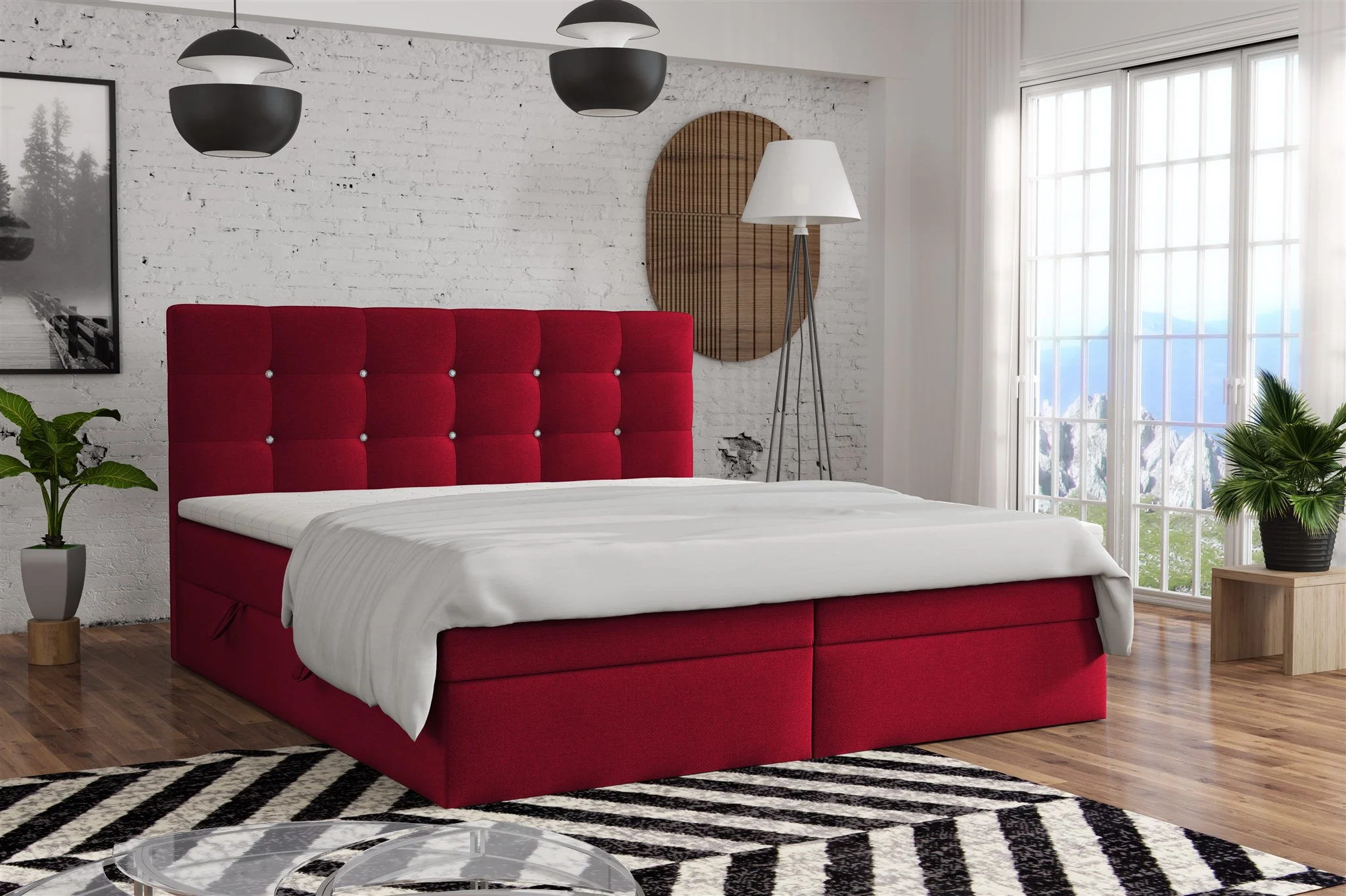 Boxspringbett Schlafzimmerbett BASILIO 180x200cm Stoff Fresh Rot - Fun Moebel