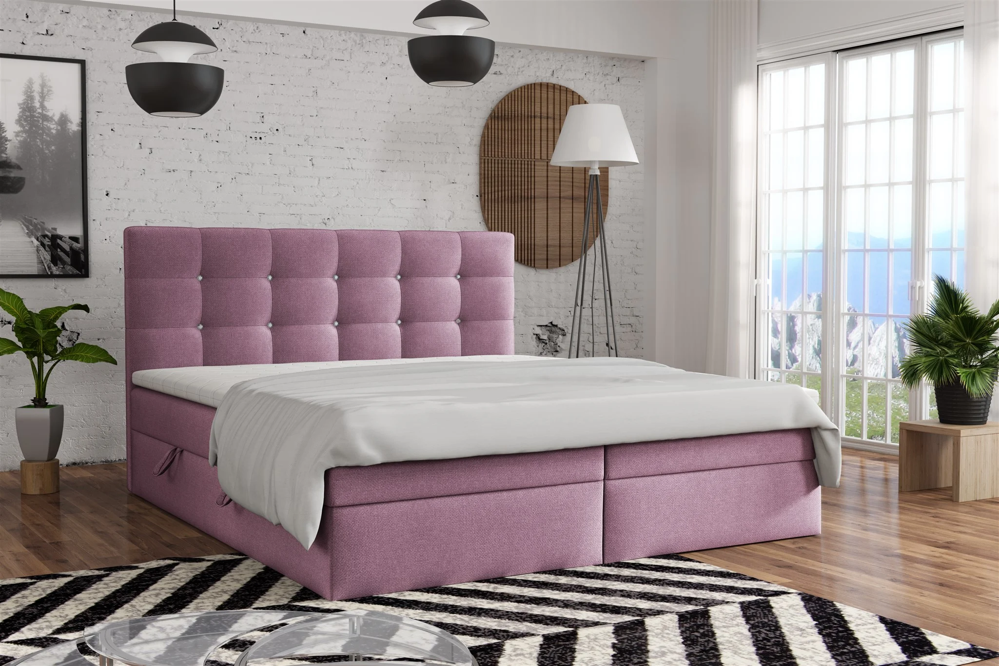 Boxspringbett Schlafzimmerbett BASILIO 180x200cm Stoff Fresh Rose - Fun Moebel
