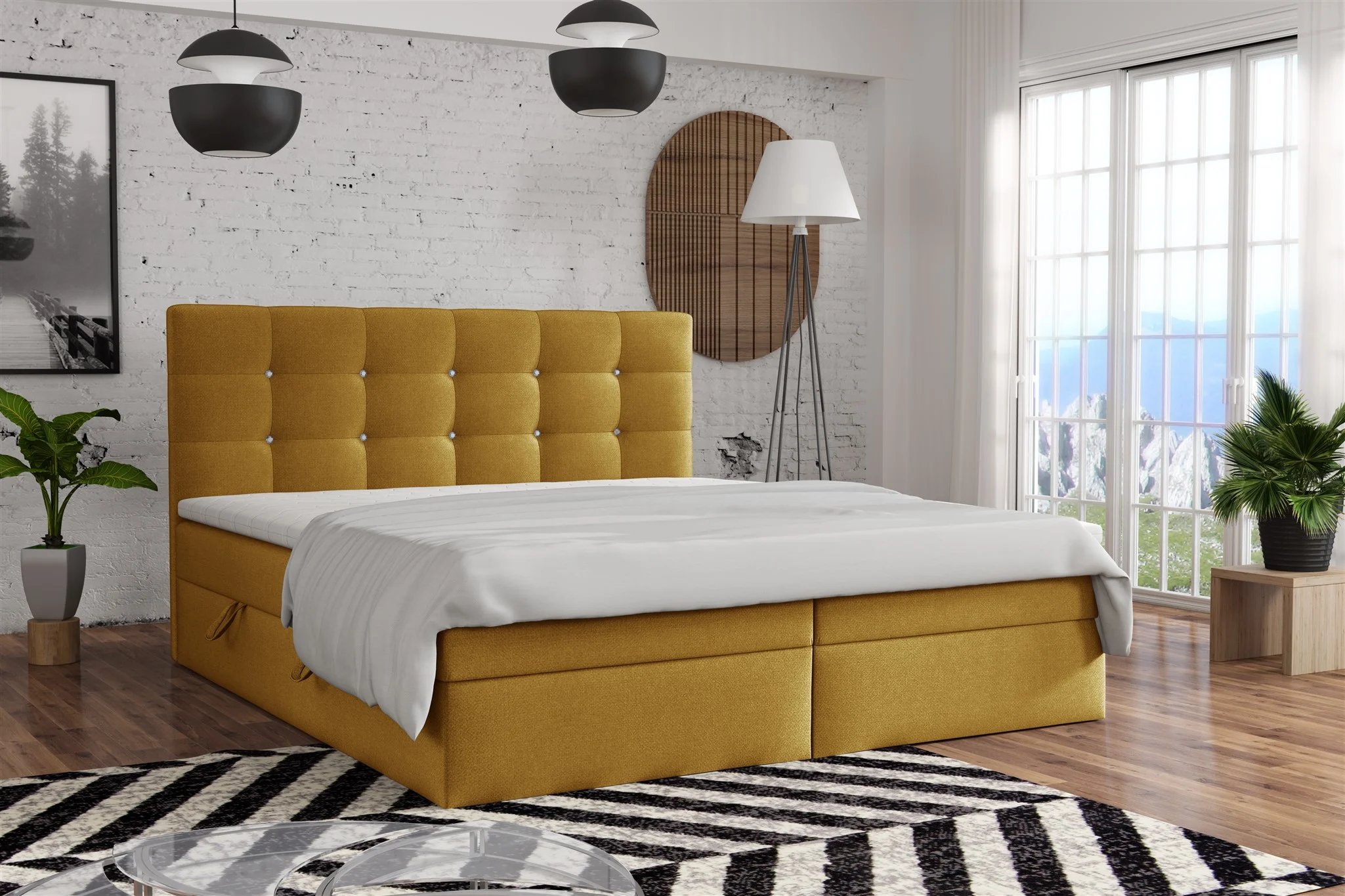 Boxspringbett Schlafzimmerbett BASILIO 140x200cm Stoff Fresh Senf - Fun Moebel