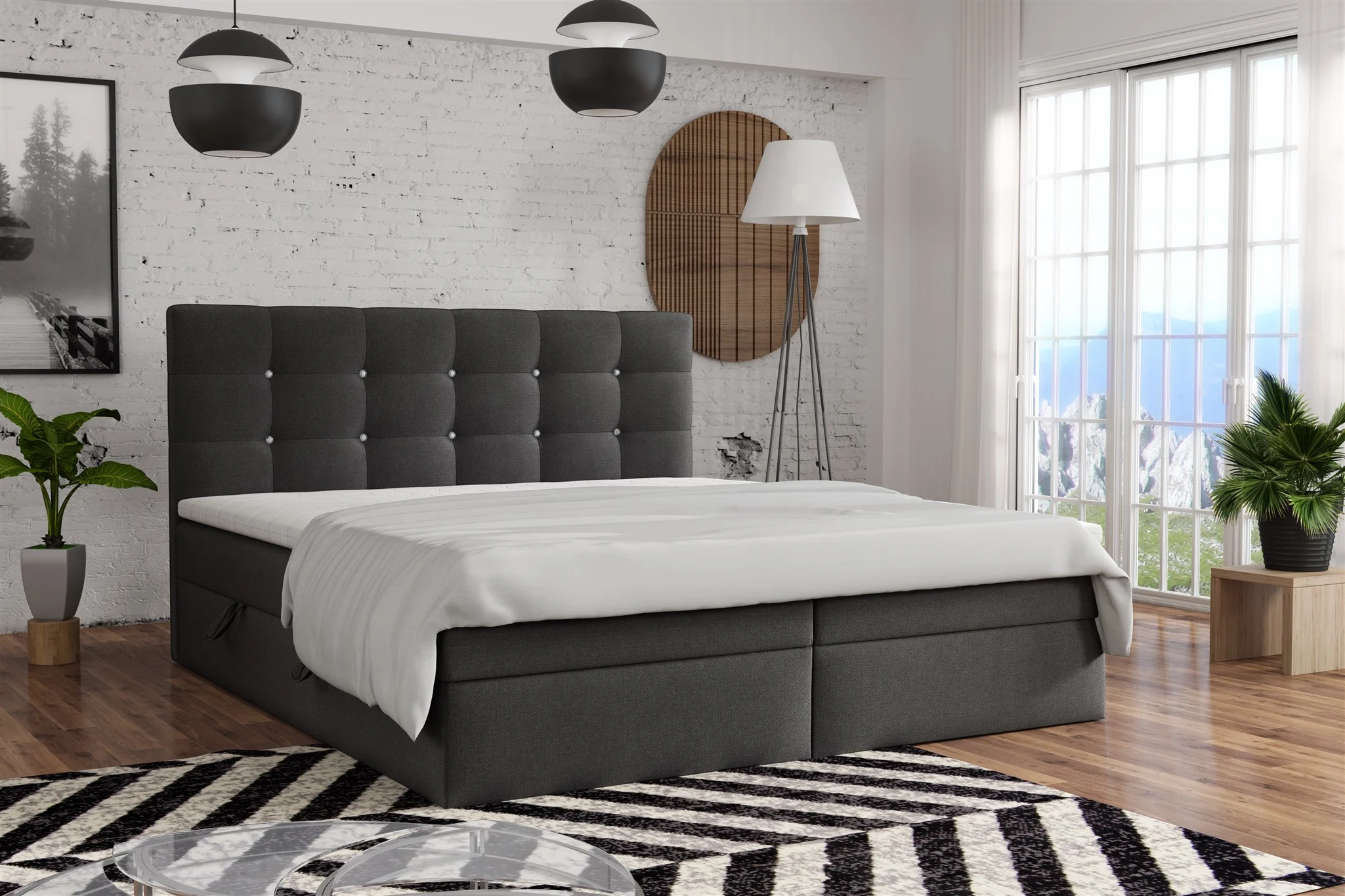 Boxspringbett Schlafzimmerbett BASILIO 180x200cm Stoff Fresh Anthrazit - Fun Moebel