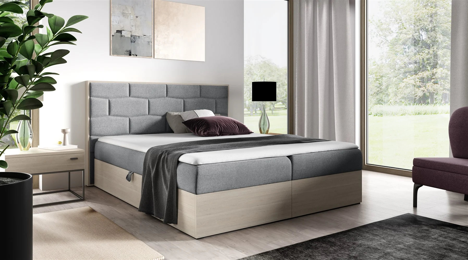 Boxspringbett Bett BEILA 120x200cm Nordic Teak Stoff Grau inkl. Bettkasten - Fun Moebel