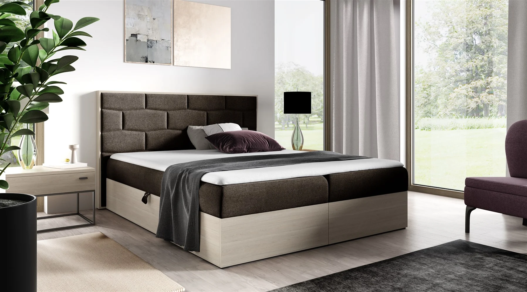 Boxspringbett Bett BEILA 120x200cm Nordic Teak Stoff Braun inkl. Bettkasten - Fun Moebel
