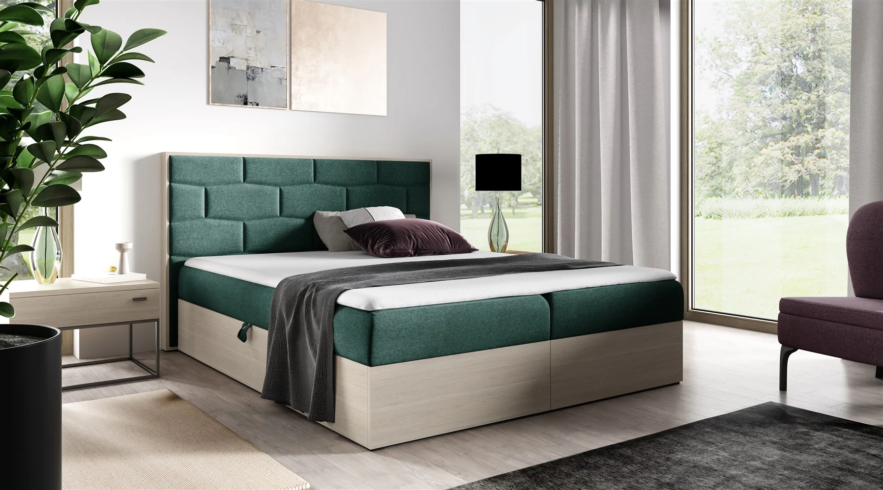 Boxspringbett Bett BEILA 160x200cm Nordic Teak Stoff Grün inkl. Bettkasten - Fun Moebel