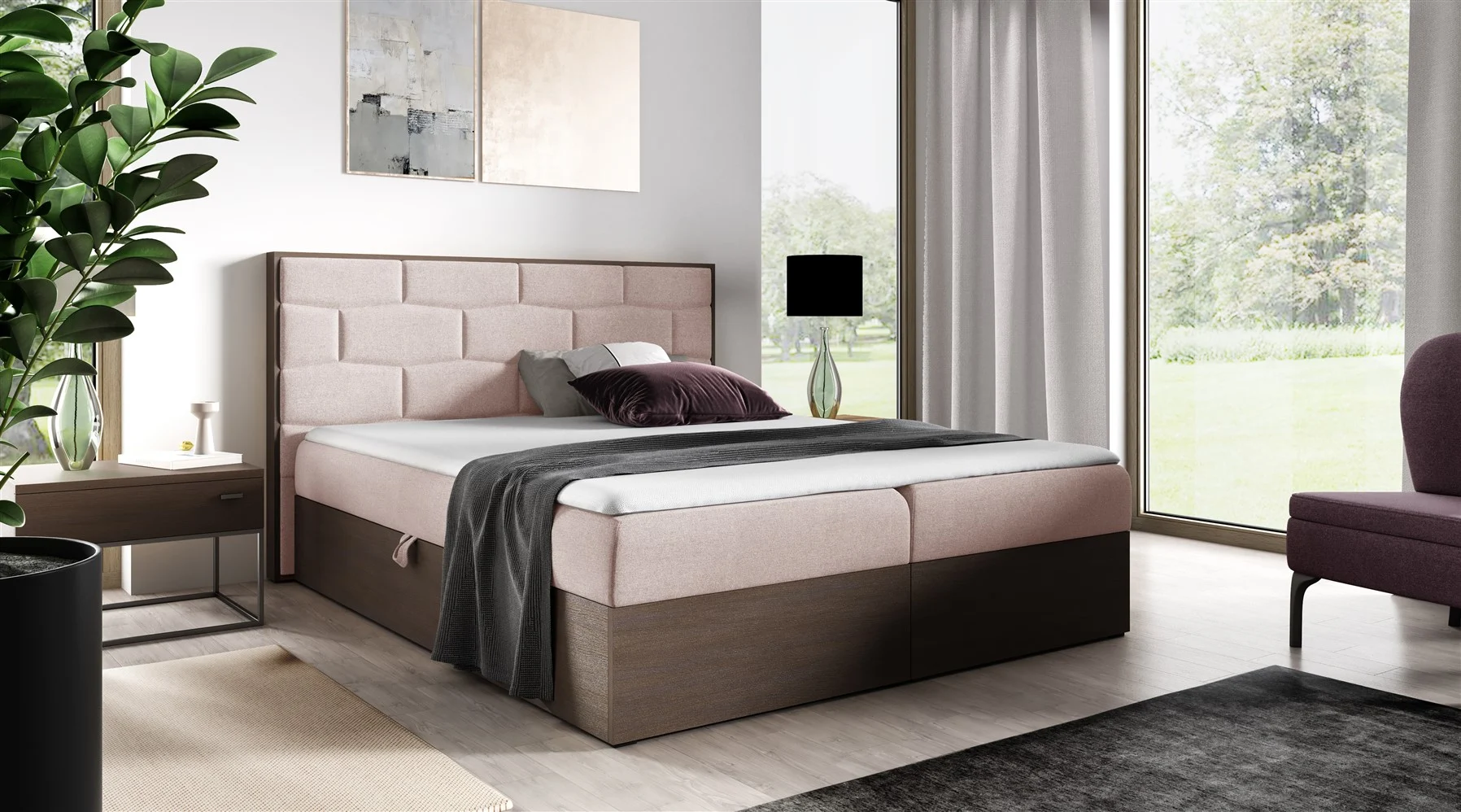 Boxspringbett Bett BEILA 120x200cm Dunkel Eiche Stoff Rosa inkl. Bettkasten - Fun Moebel