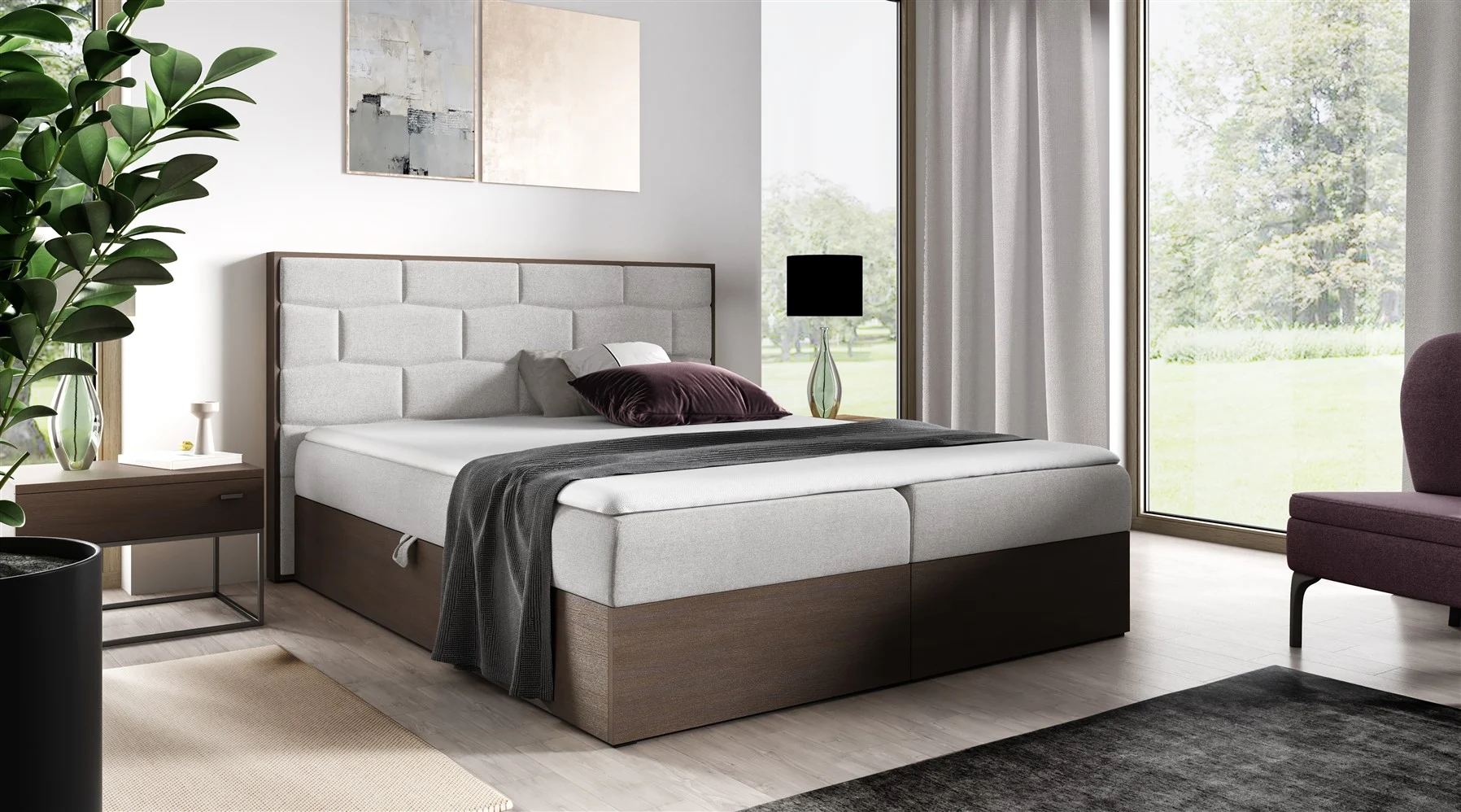 Boxspringbett Bett BEILA 120x200cm Dunkel Eiche Stoff Hellgrau inkl. Bettkasten - Fun Moebel