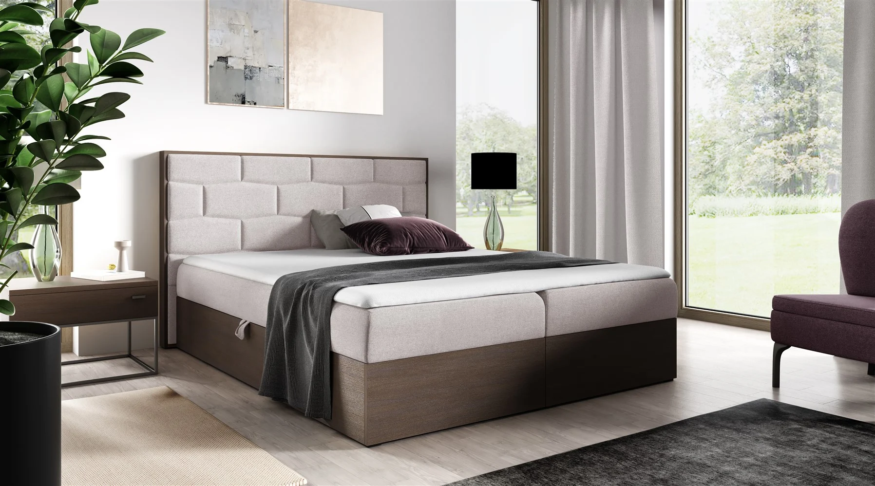 Boxspringbett Bett BEILA 120x200cm Dunkel Eiche Stoff Hellbeige inkl. Bettkasten - Fun Moebel