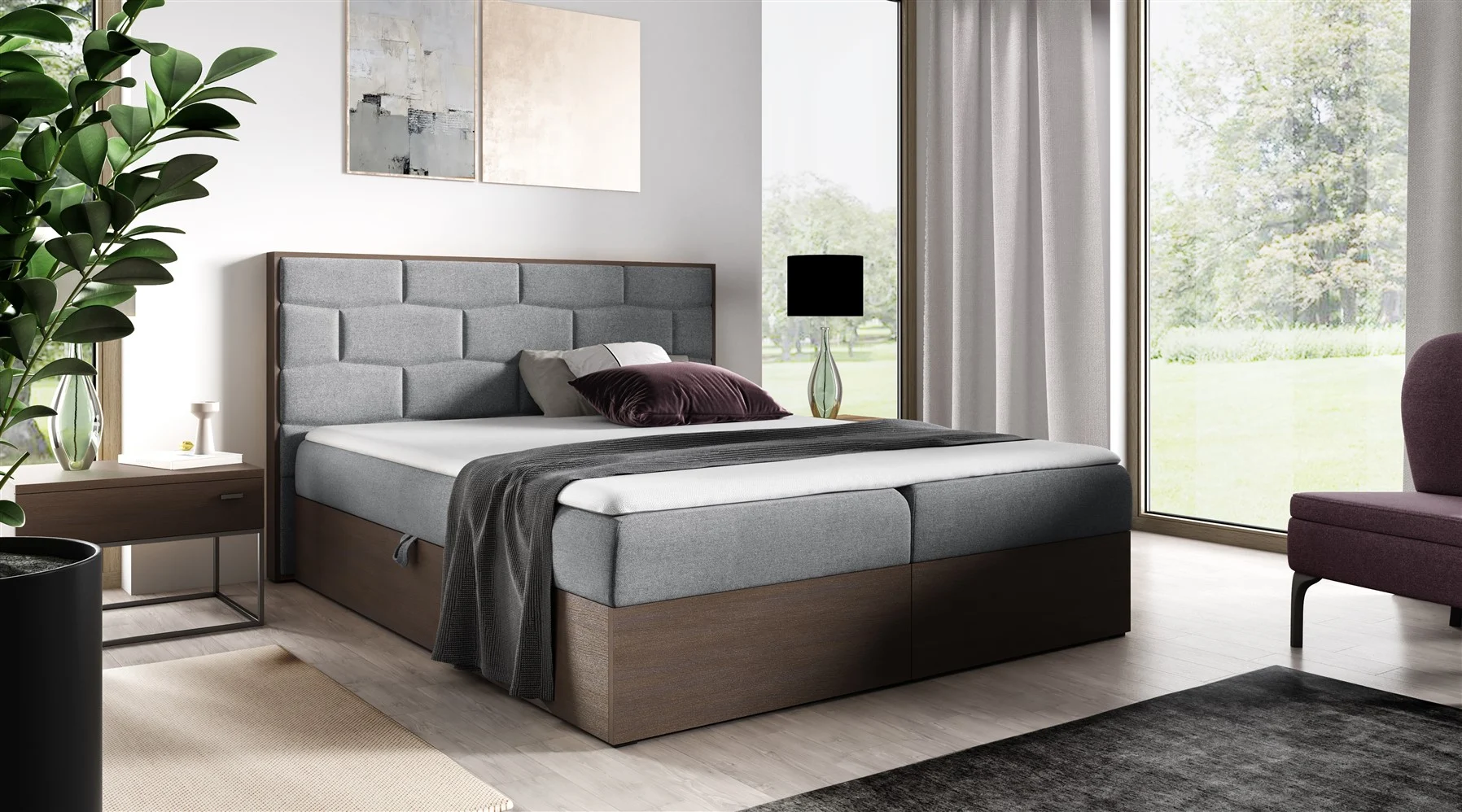 Boxspringbett Bett BEILA 120x200cm Dunkel Eiche Stoff Grau inkl. Bettkasten - Fun Moebel