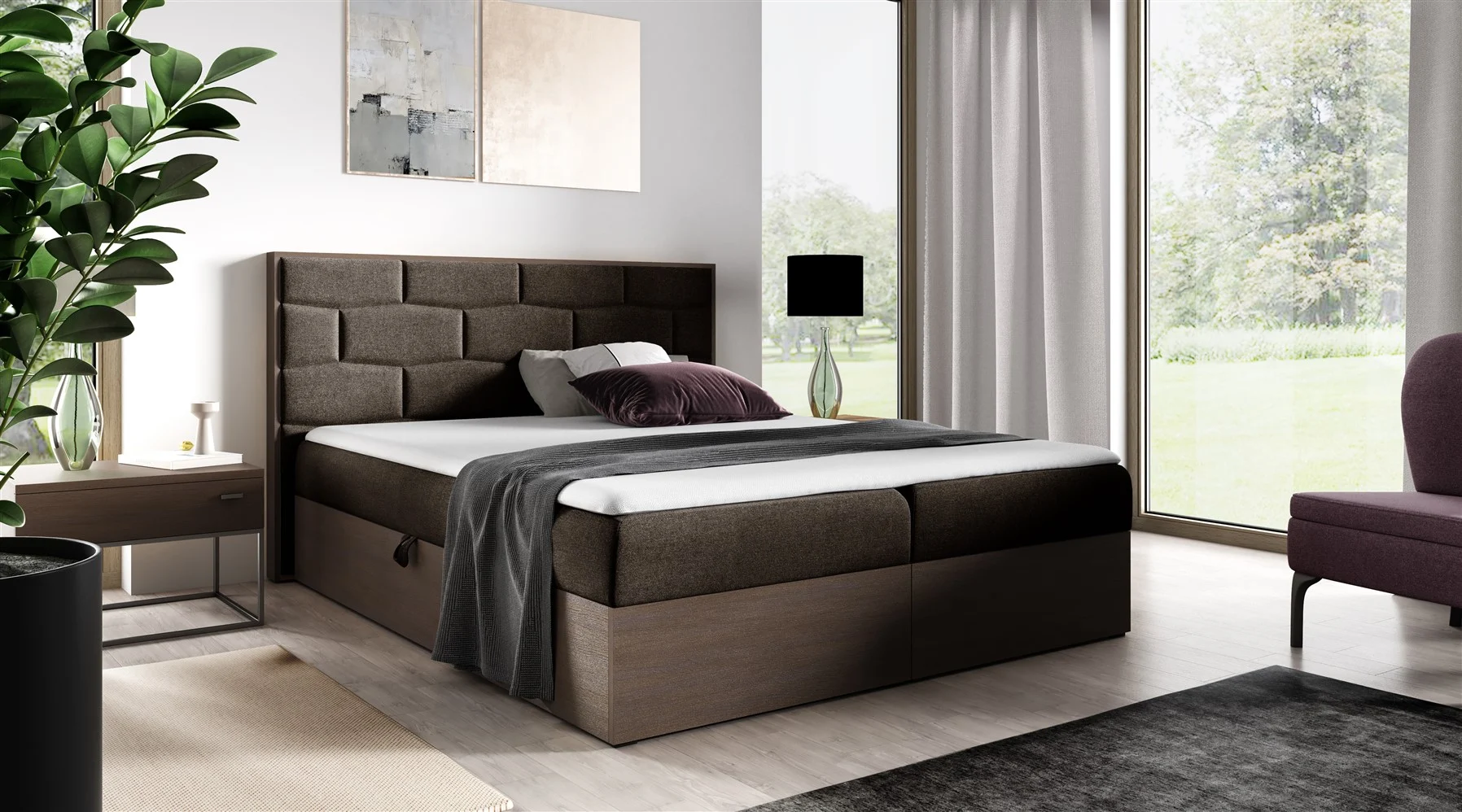 Boxspringbett Bett BEILA 120x200cm Dunkel Eiche Stoff Braun inkl. Bettkasten - Fun Moebel