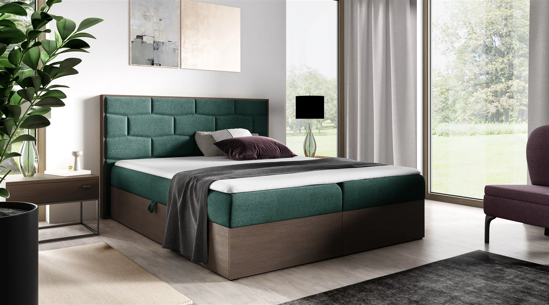 Boxspringbett Bett BEILA 120x200cm Dunkel Eiche Stoff Grün inkl. Bettkasten - Fun Moebel